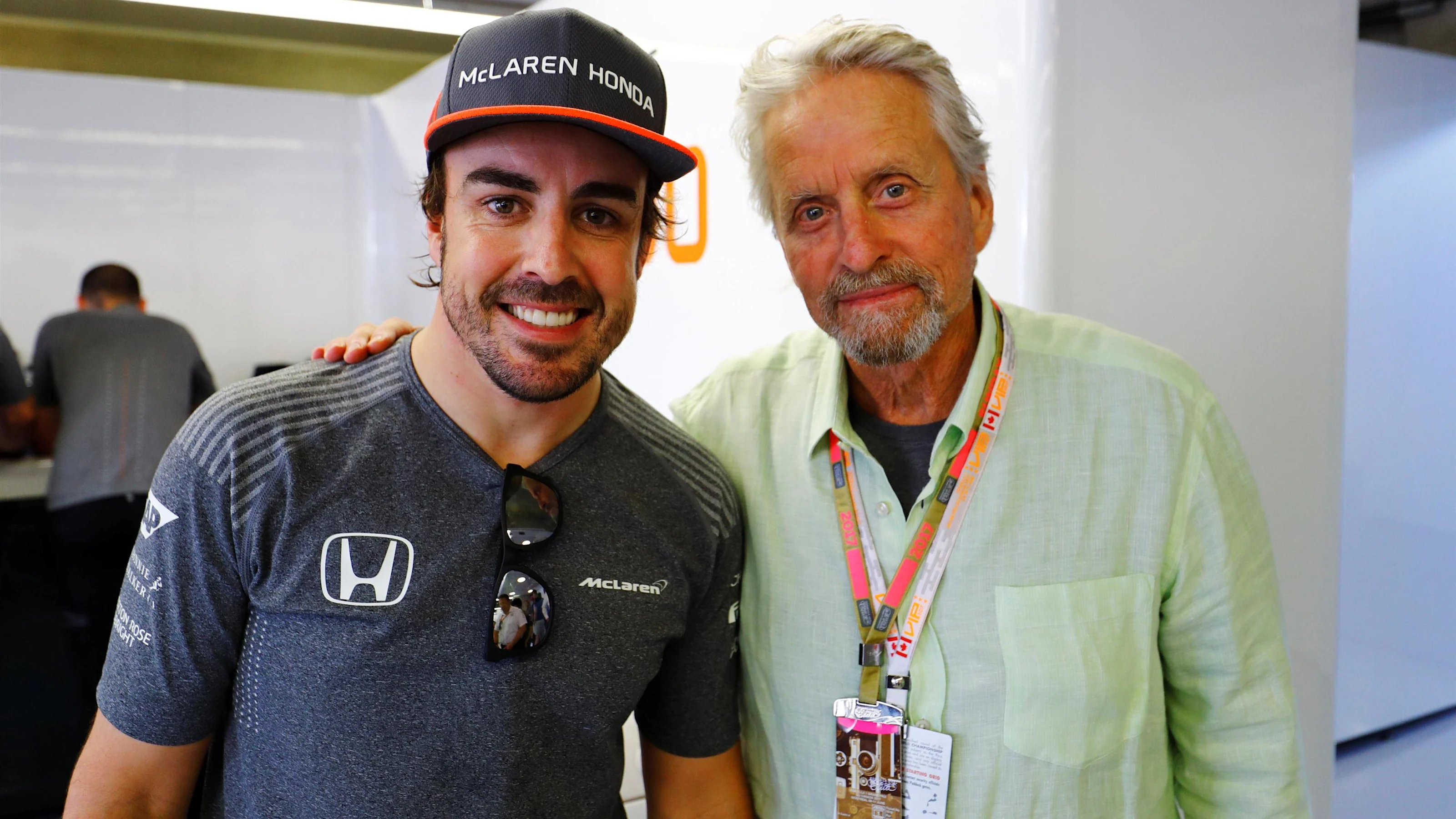 Fernando Alonso (ESP) McLaren with Michael Douglas (USA) Actor at Formula One World Championship,