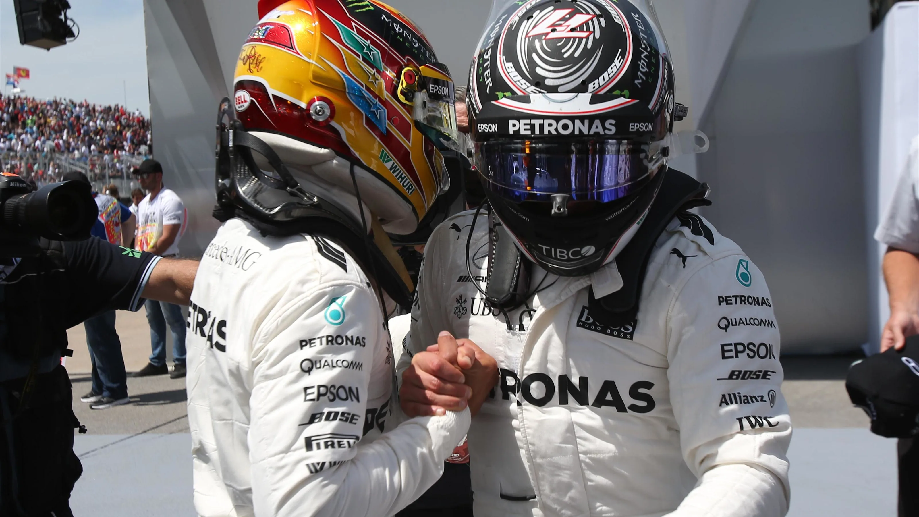 Pole sitter Lewis Hamilton (GBR) Mercedes AMG F1 and Valtteri Bottas (FIN) Mercedes AMG F1