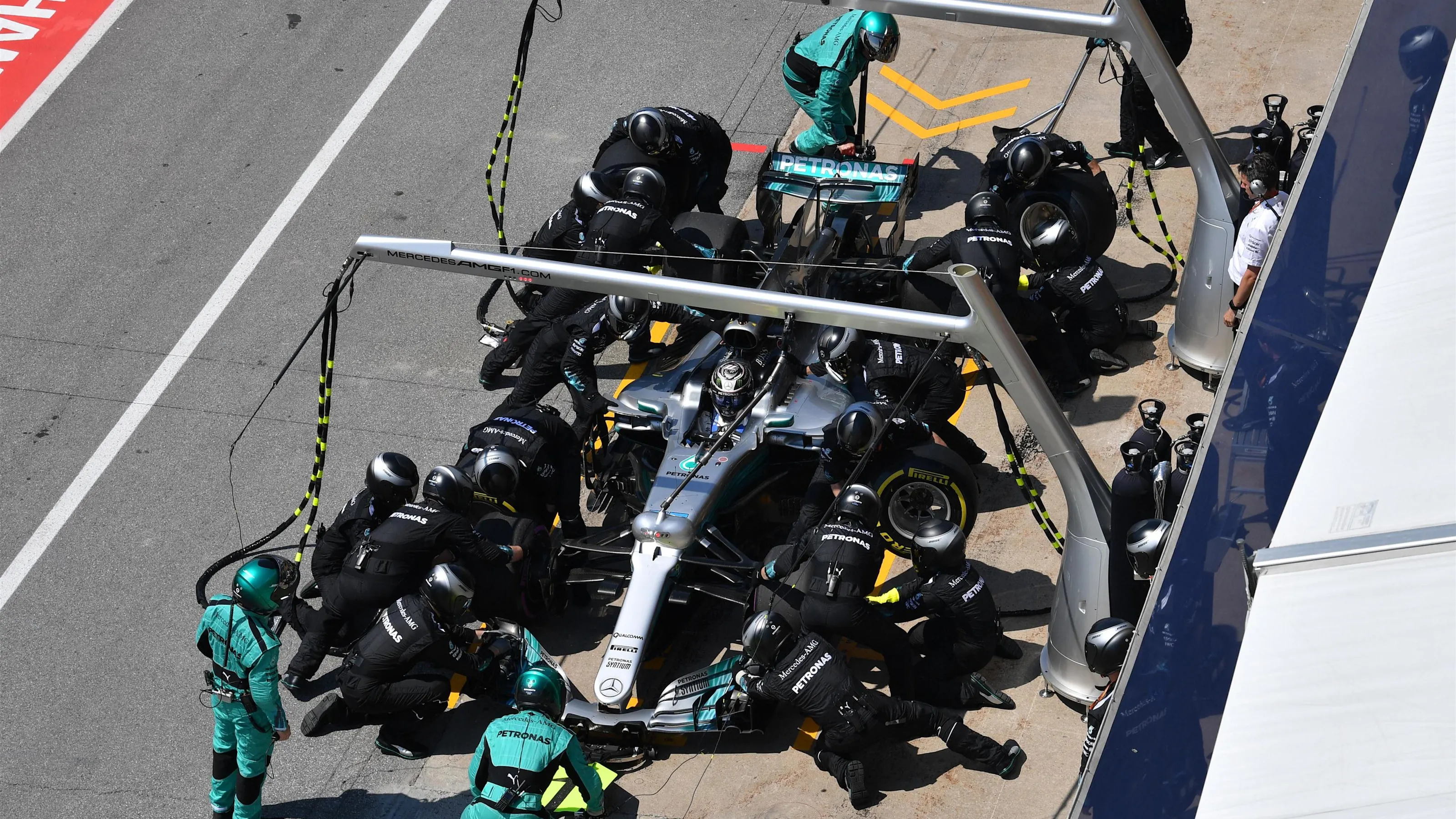 Valtteri Bottas (FIN) Mercedes-Benz F1 W08 Hybrid pit stop at Formula One World Championship, Rd7,