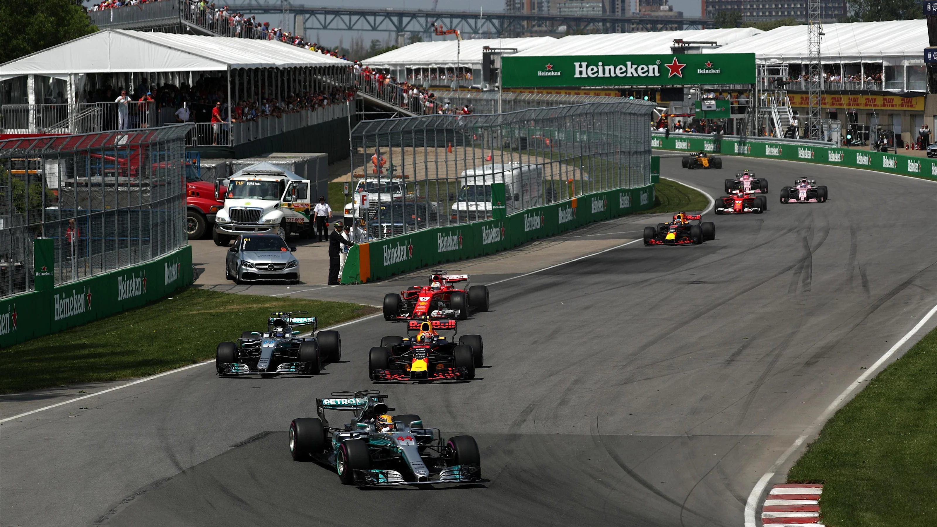Lewis Hamilton (GBR) Mercedes-Benz F1 W08 Hybrid leads as Valtteri Bottas (FIN) Mercedes-Benz F1