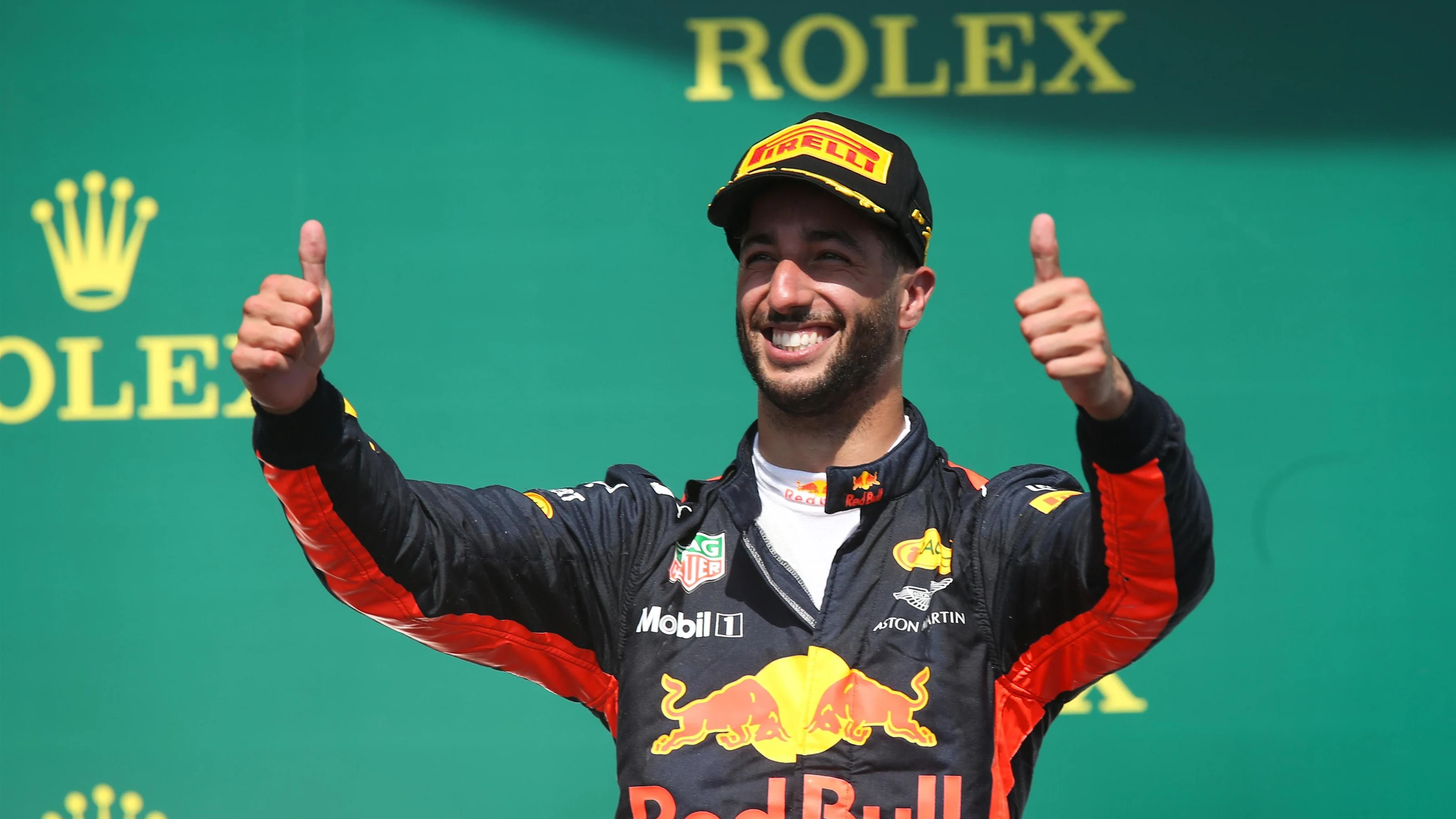 Daniel Ricciardo (AUS) Red Bull Racing celebrates on the podium at Formula One World Championship,