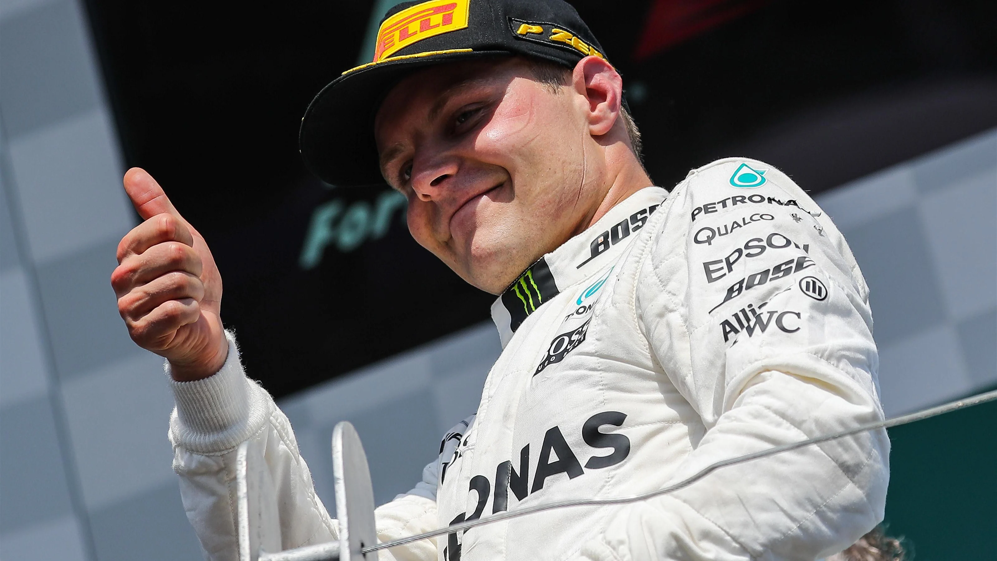 Valtteri Bottas (FIN) Mercedes AMG F1 celebrates on the podium at Formula One World Championship,