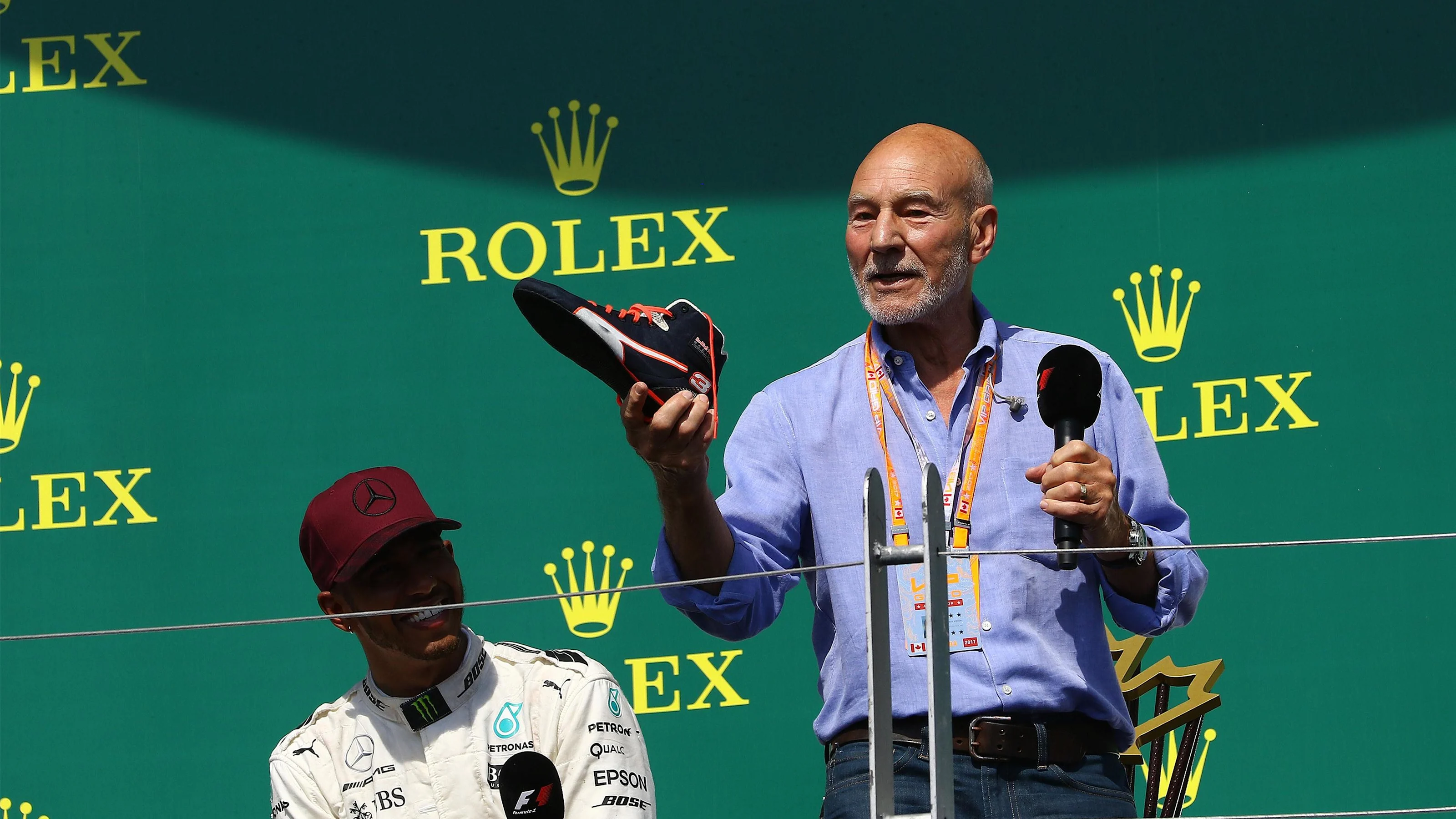 Patrick Stewart (GBR) does a shoey on the podium at Formula One World Championship, Rd7, Canadian