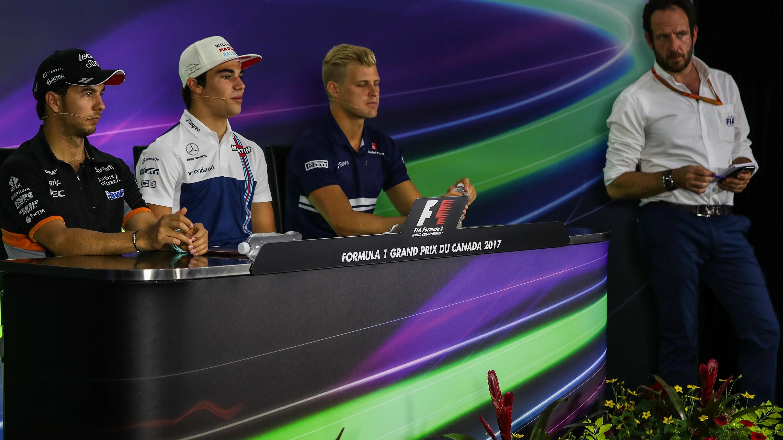 (L to R): Sergio Perez (MEX) Force India, Lance Stroll (CDN) Williams and Marcus Ericsson (SWE)
