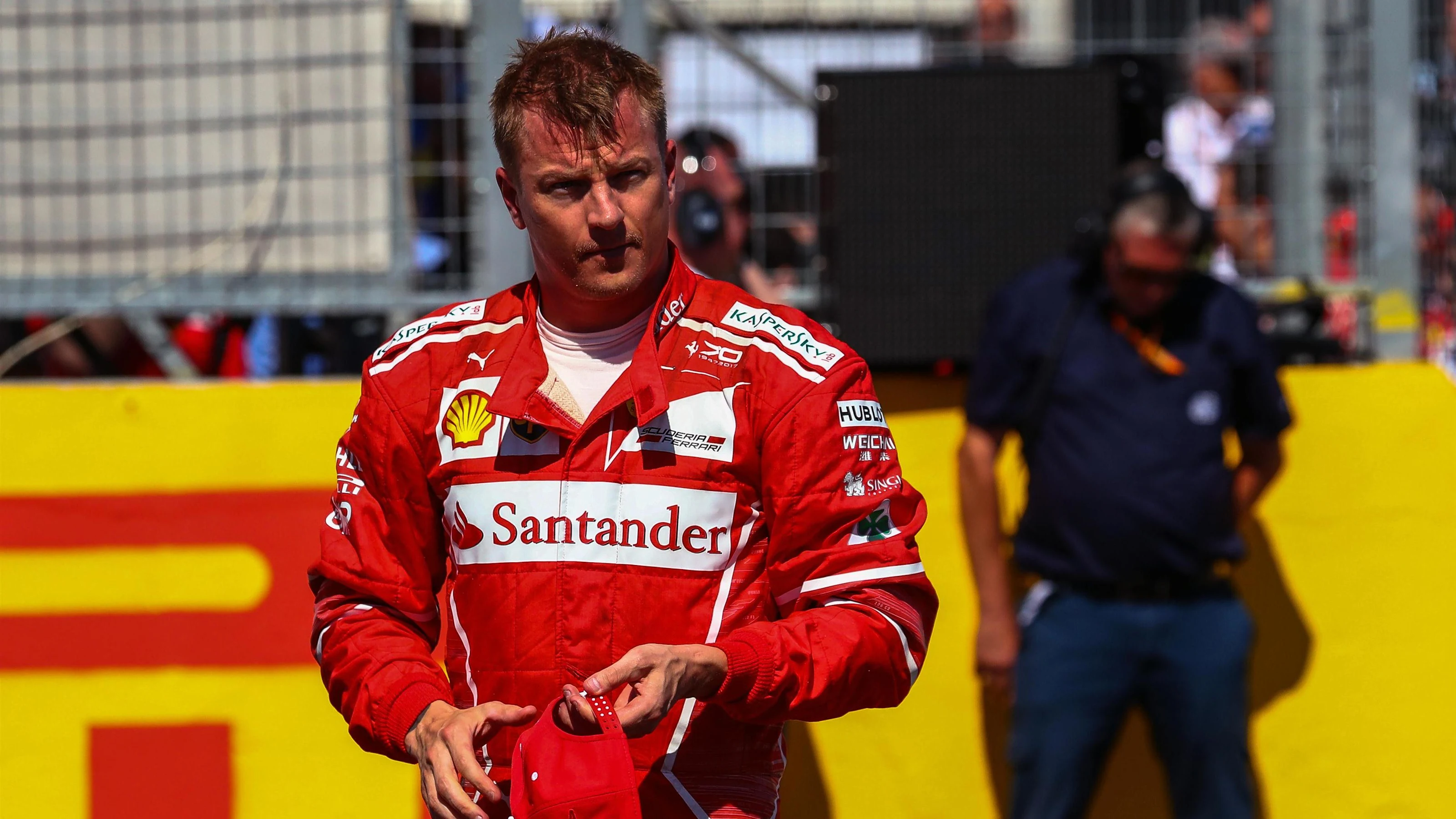 Kimi Raikkonen (FIN) Ferrari celebrates in parc ferme at Formula One World Championship, Rd11,
