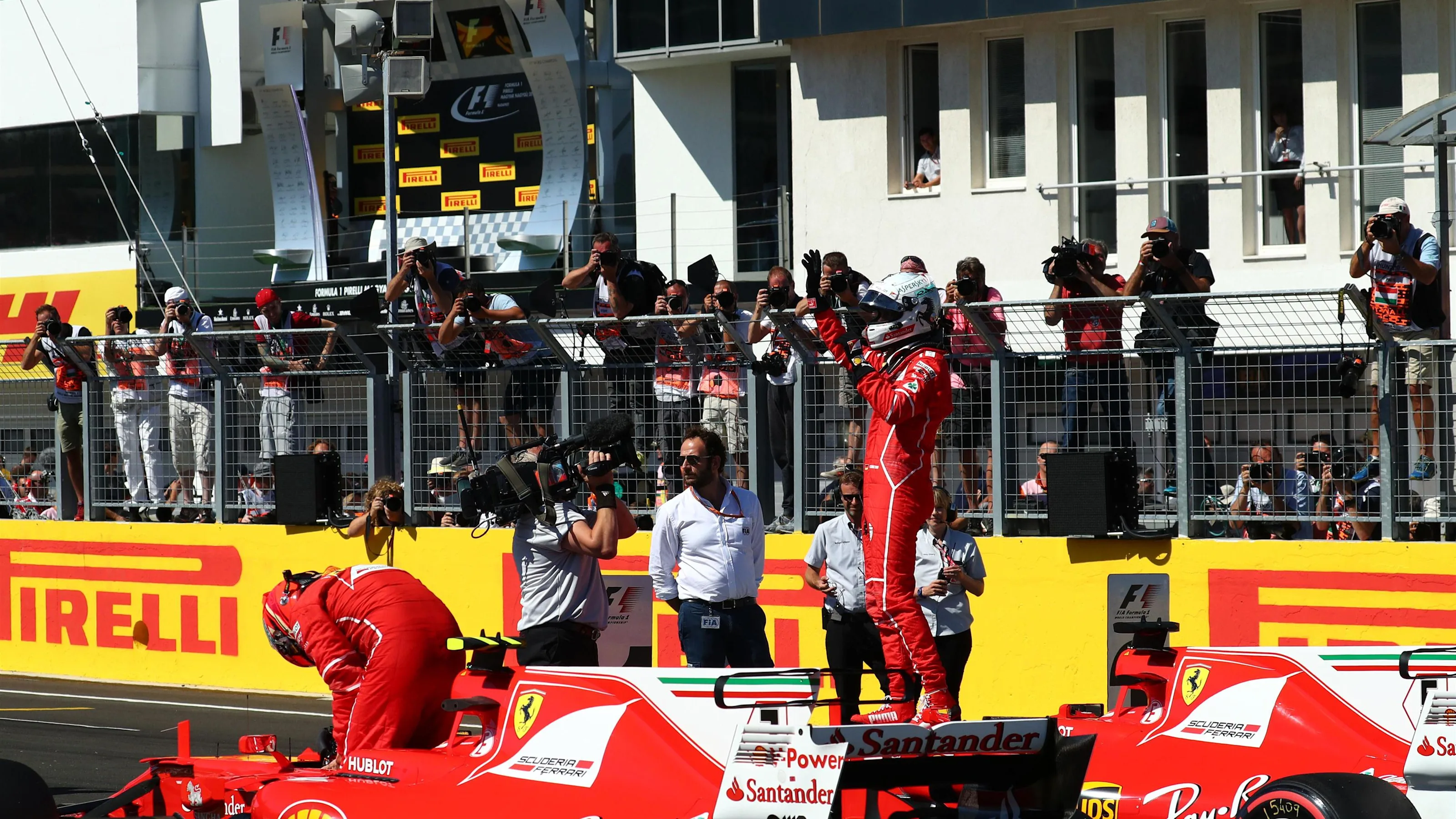 Pole sitter Sebastian Vettel (GER) Ferrari SF70-H celebrates in parc ferme at Formula One World