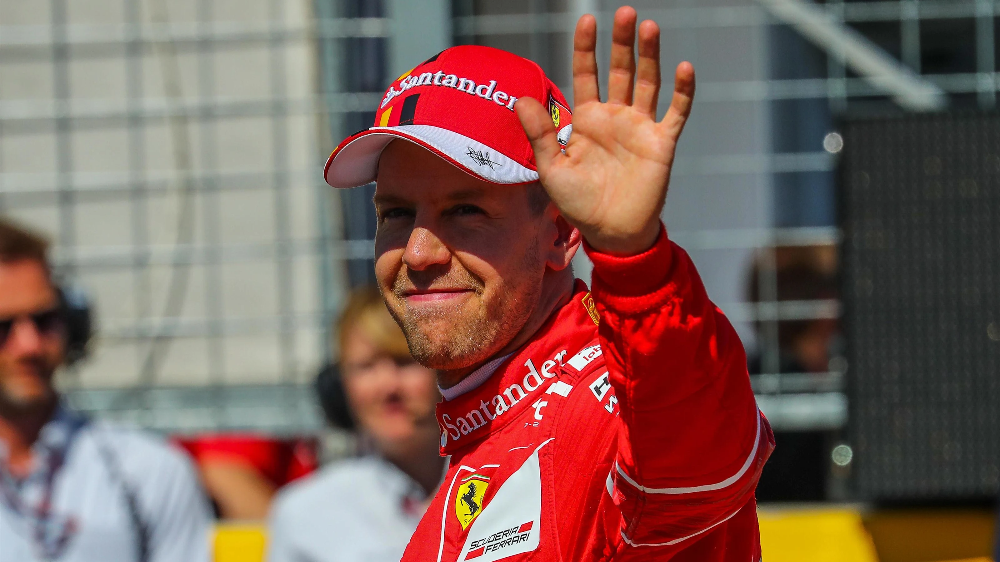 Pole sitter Sebastian Vettel (GER) Ferrari celebrates in parc ferme at Formula One World