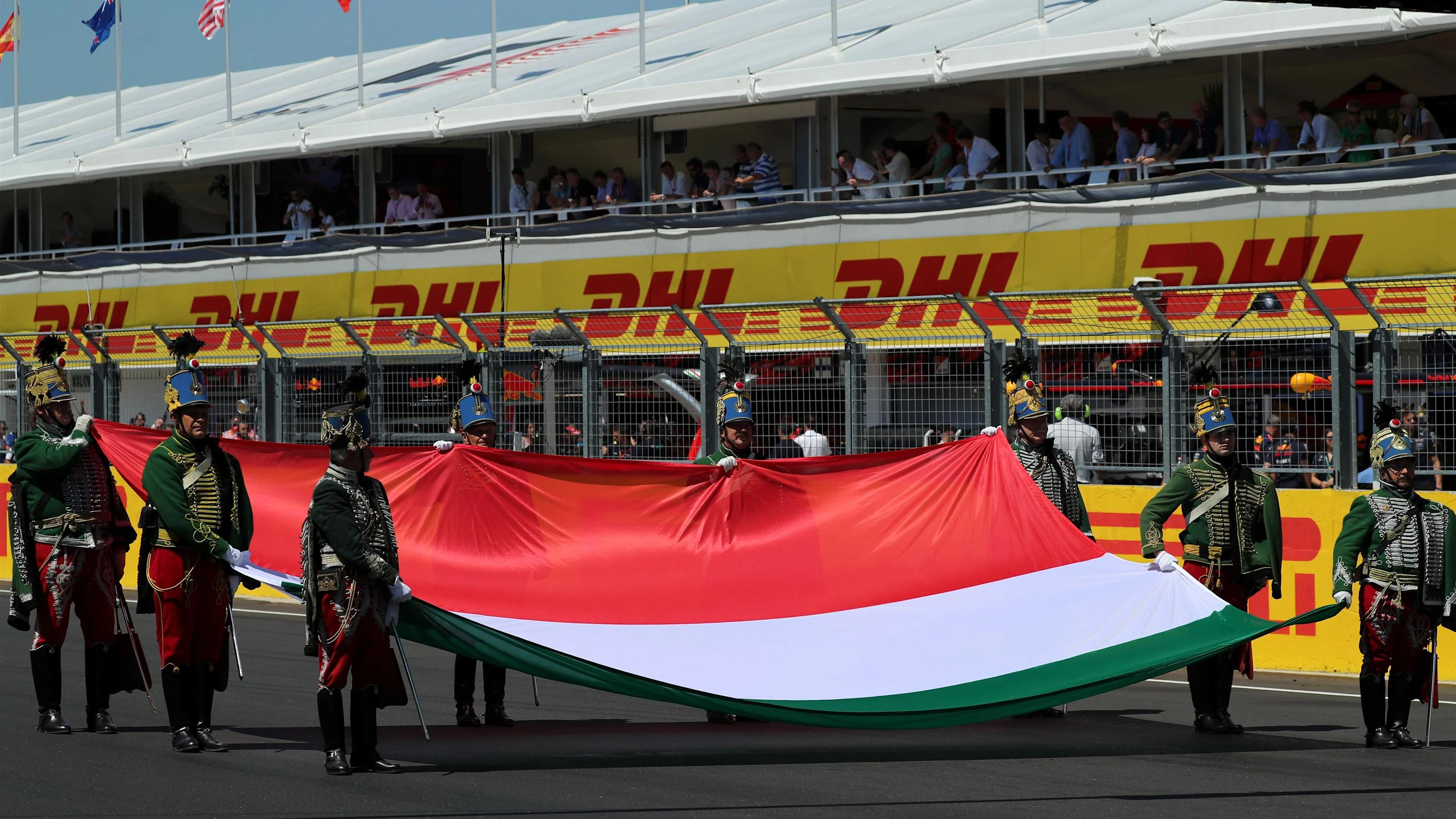 National Anthem is observed with Hungarian Flag on the grid at Formula One World Championship,