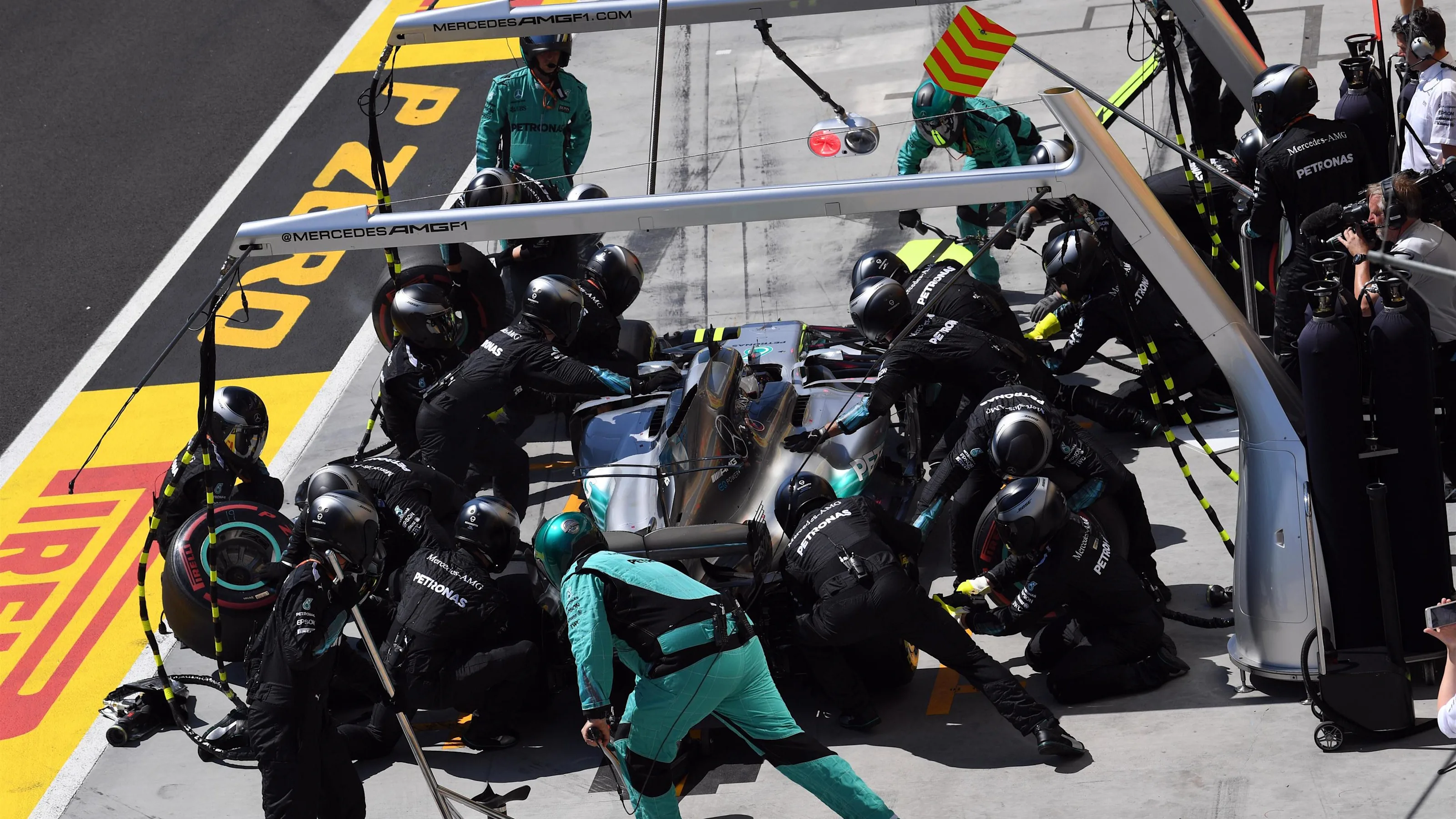 Valtteri Bottas (FIN) Mercedes-Benz F1 W08 Hybrid pit stop at Formula One World Championship, Rd11,