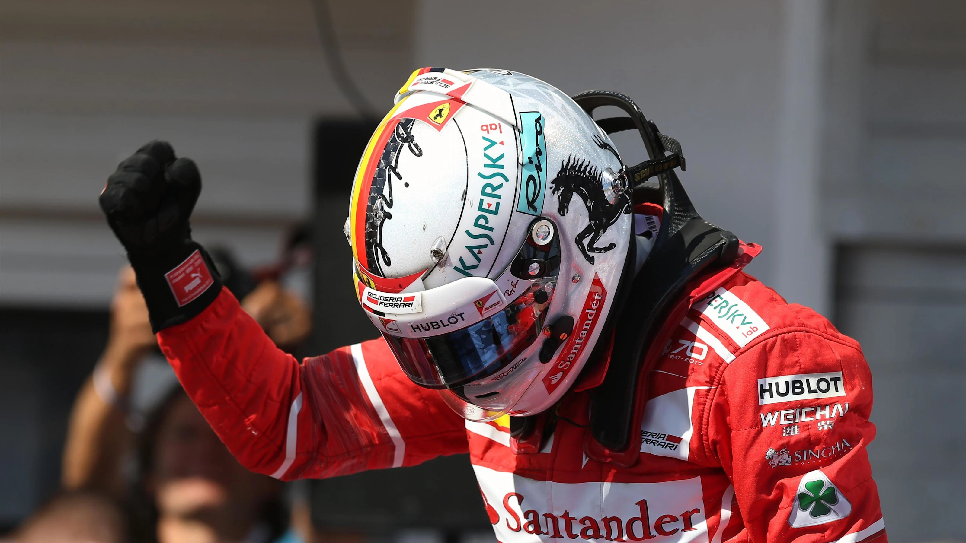 Race winner Sebastian Vettel (GER) Ferrari celebrates in parc ferme at Formula One World