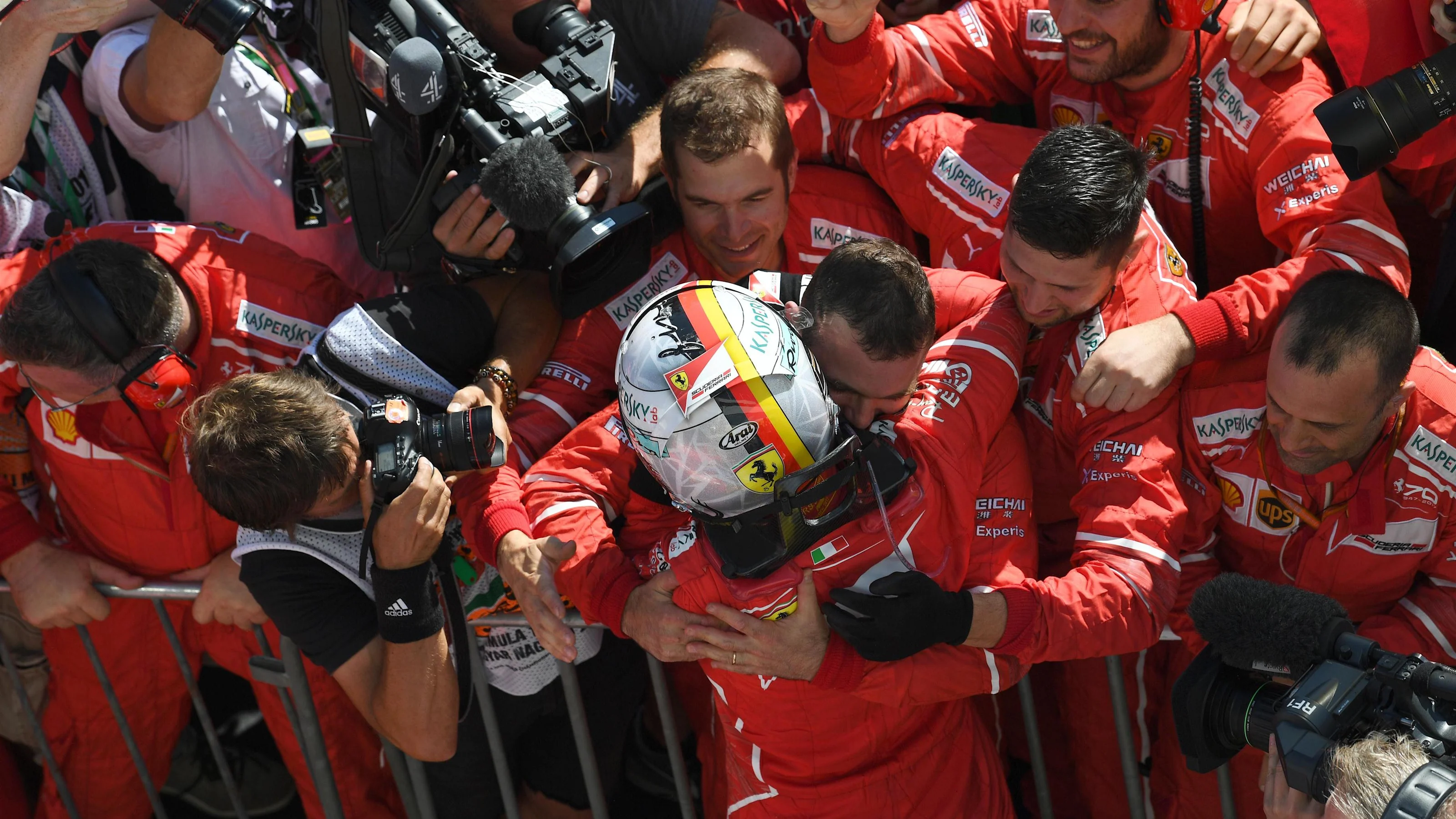 Race winner Sebastian Vettel (GER) Ferrari celebrates in parc ferme at Formula One World