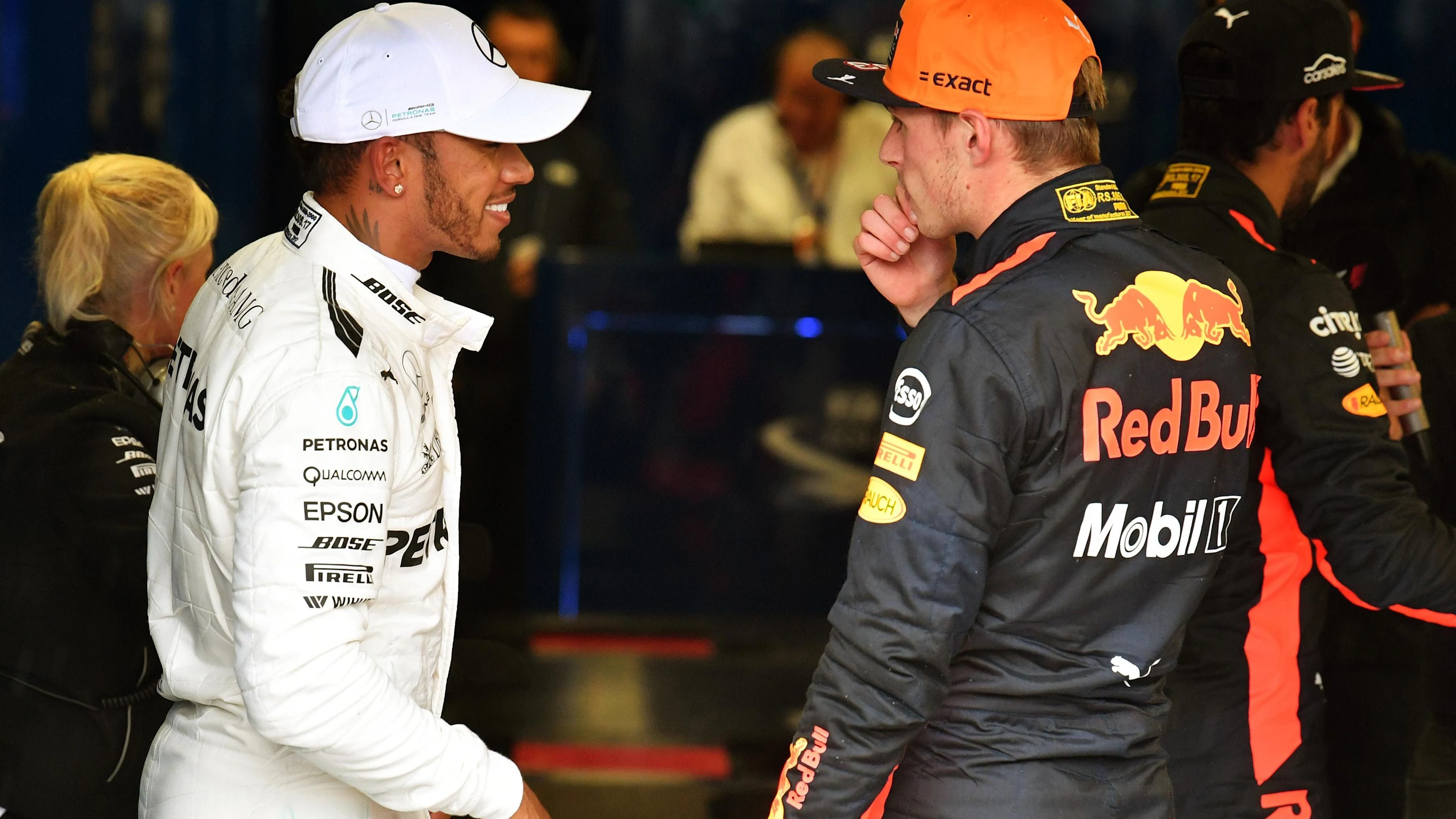 Pole sitter Lewis Hamilton (GBR) Mercedes AMG F1 and Max Verstappen (NED) Red Bull Racing in parc