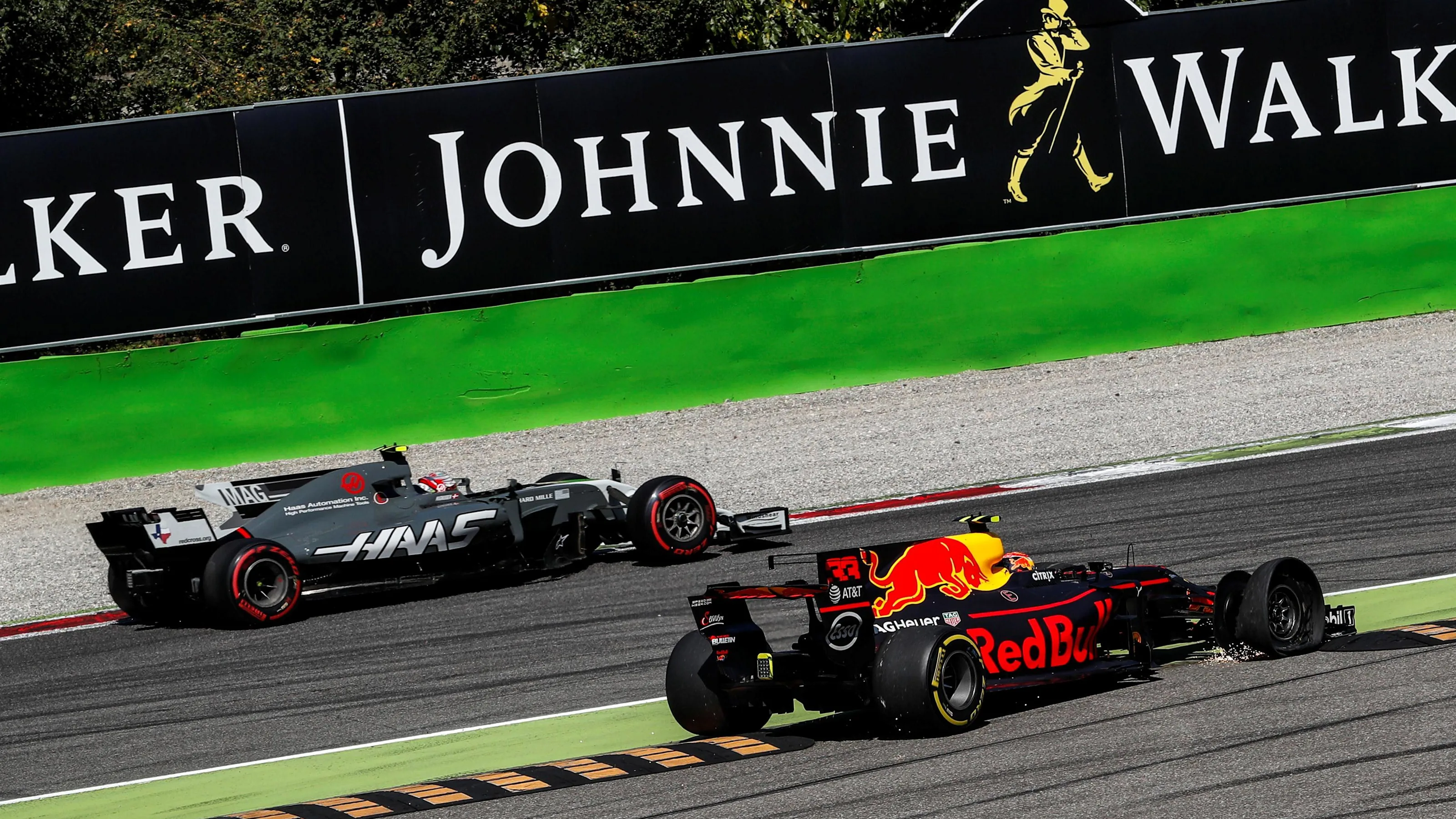 Max Verstappen (NED) Red Bull Racing RB13 with front puncture at Formula One World Championship,