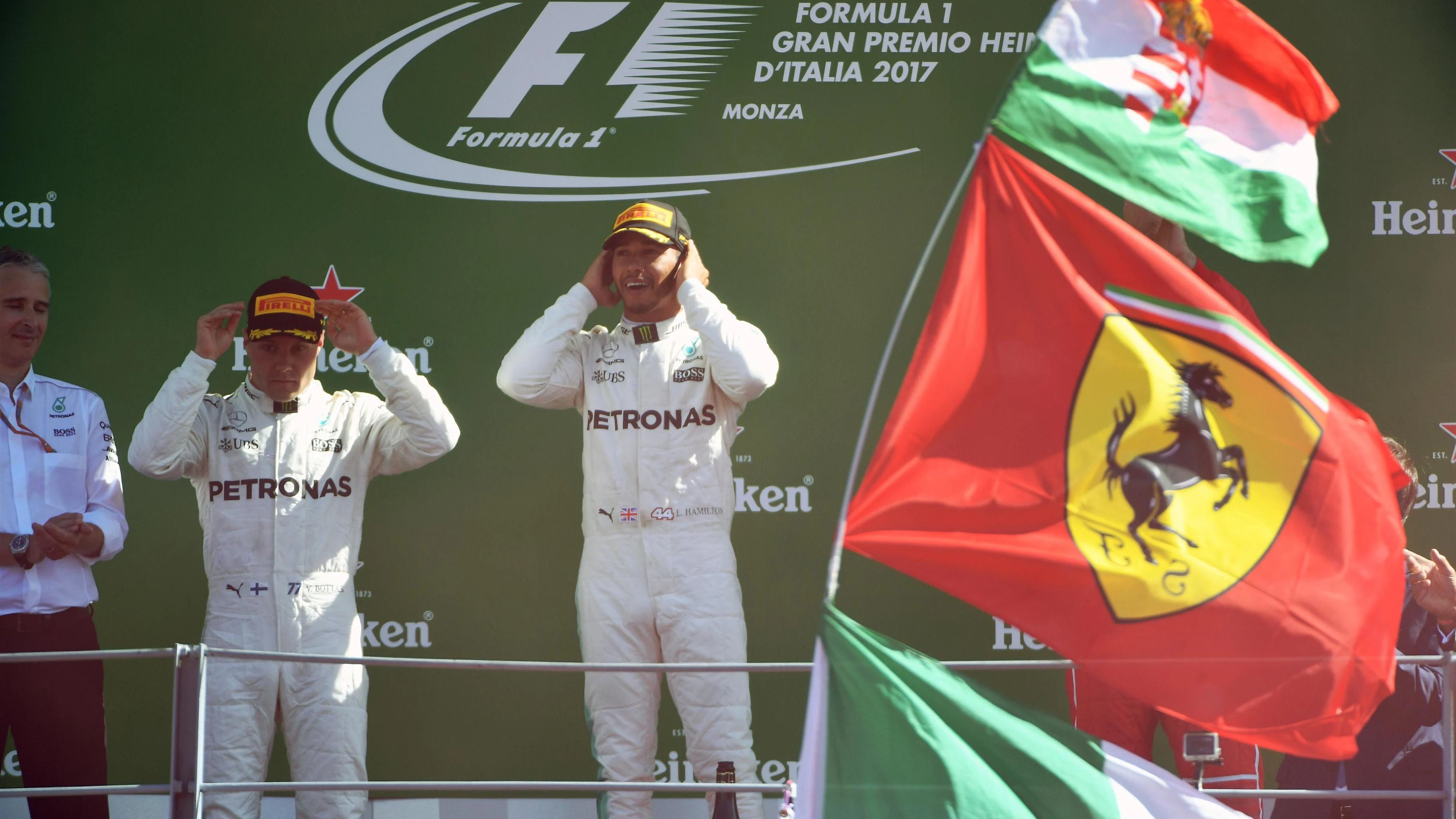 Valtteri Bottas (FIN) Mercedes AMG F1 and Lewis Hamilton (GBR) Mercedes AMG F1 celebrate on the