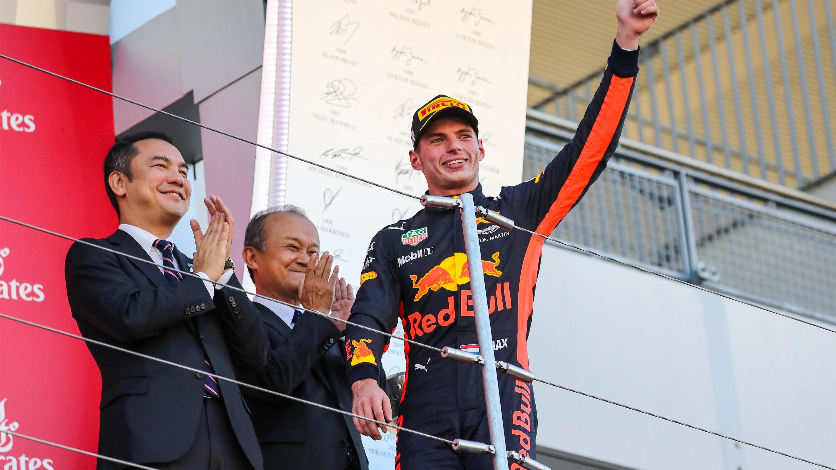 Max Verstappen (NED) Red Bull Racing celebrates on the podium at Formula One World Championship,