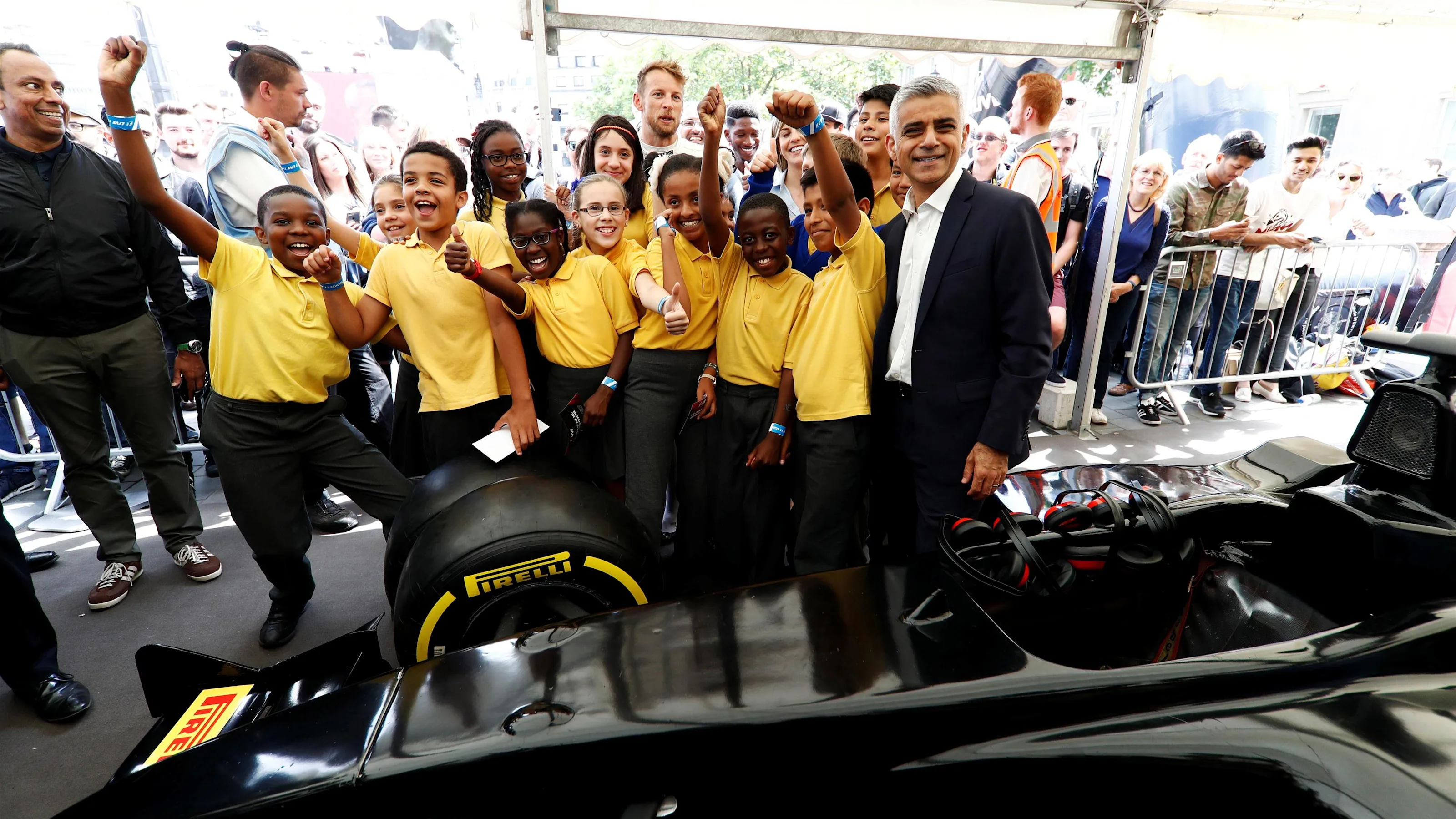 Sadiq Khan, Mayor of London and pit stop challenge childern at F1 London Live, Trafalgar Square,