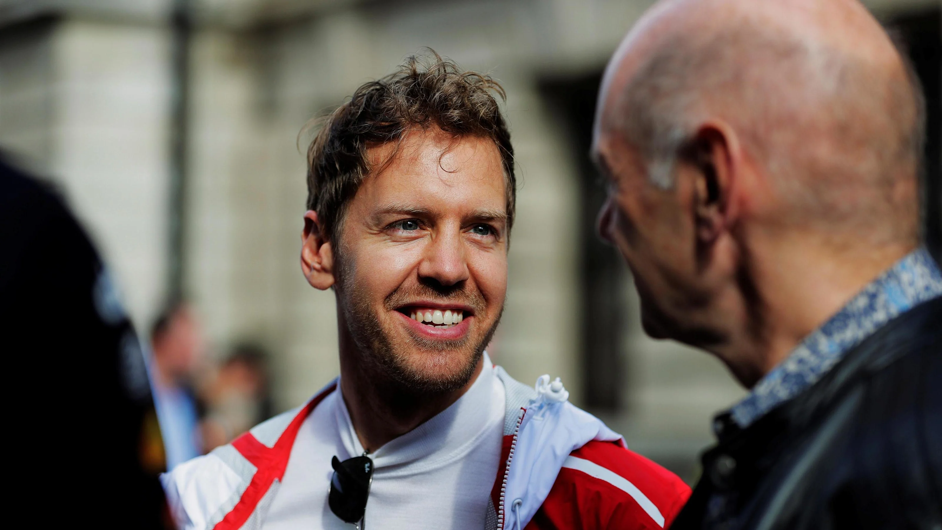 Sebastian Vettel (GER) Ferrari and Adrian Newey (GBR) Red Bull Racing at F1 London Live, Trafalgar