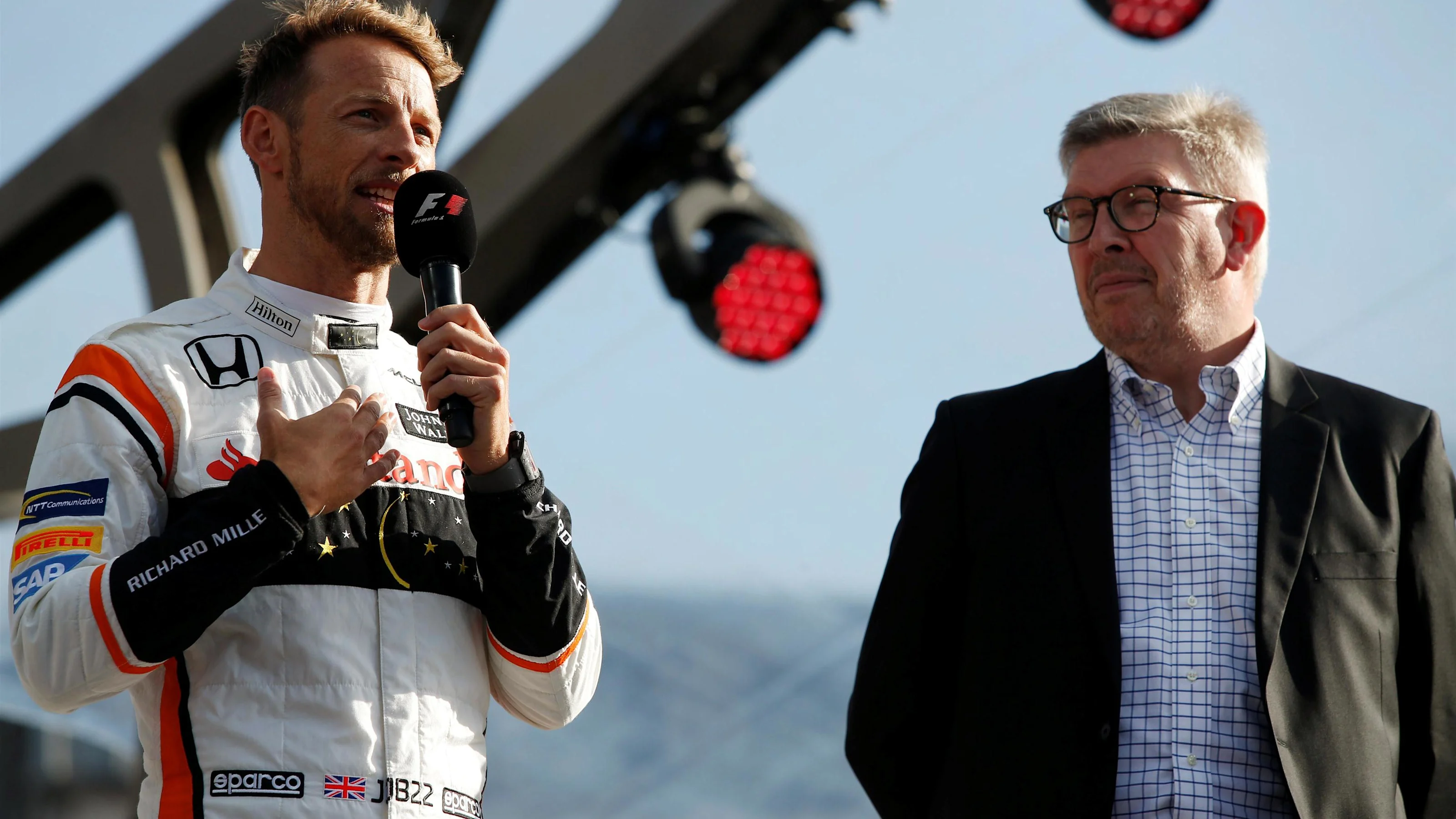 Jenson Button (GBR) McLaren and Ross Brawn (GBR) Formula One Managing Director of Motorsports at F1