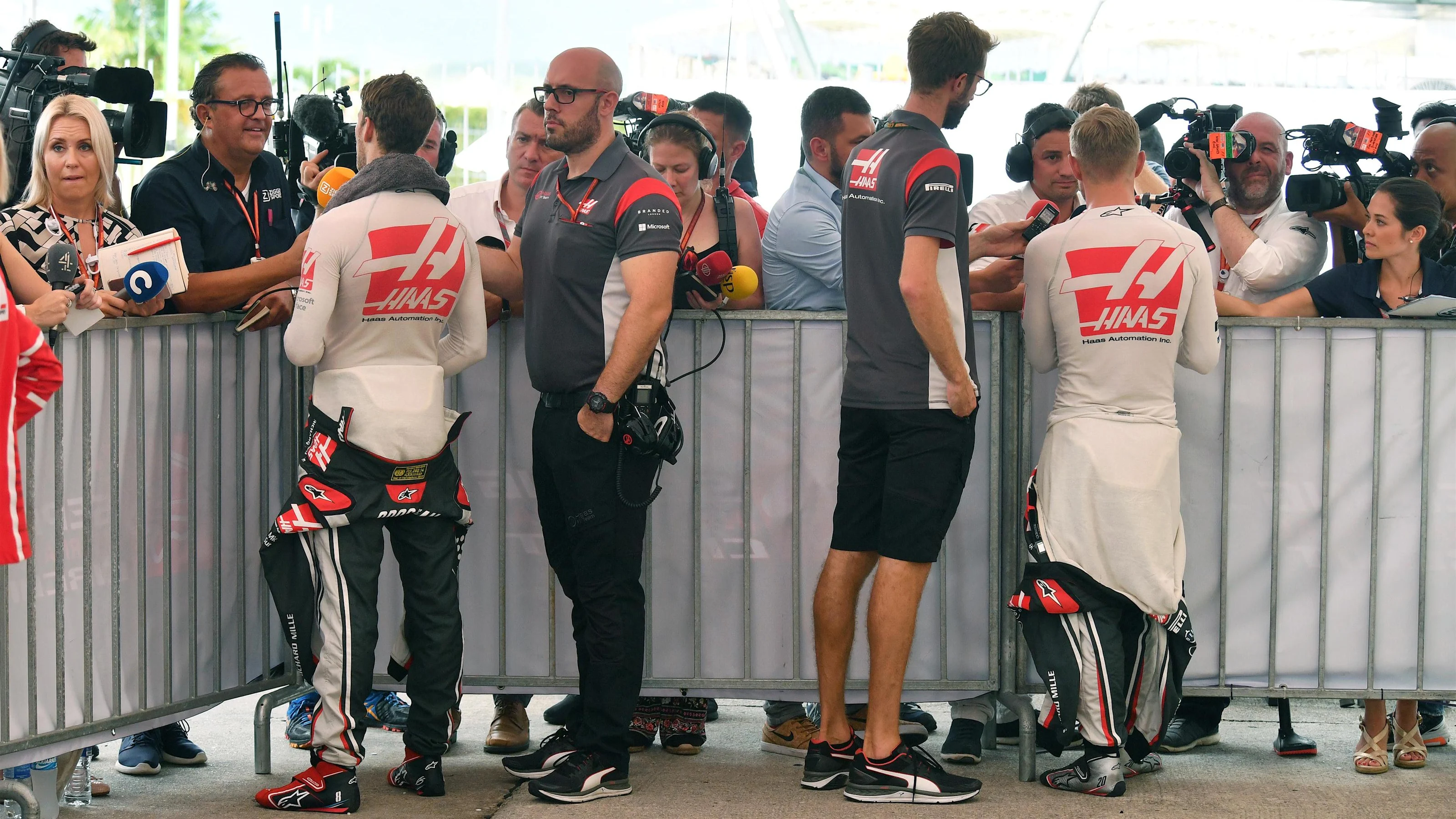 Romain Grosjean (FRA) Haas F1 and Kevin Magnussen (DEN) Haas F1 talk with the media at Formula One