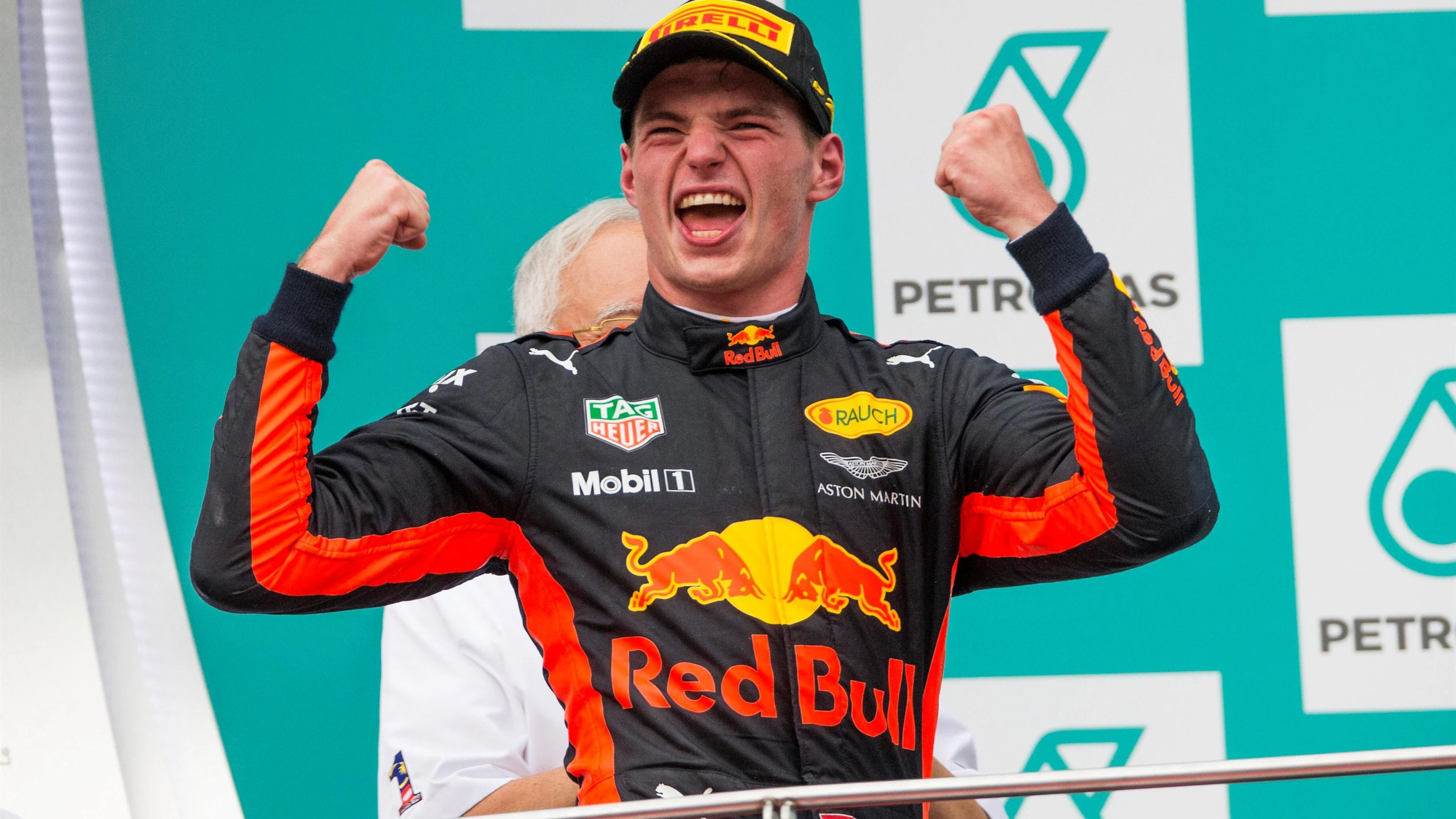 Race winner Max Verstappen (NED) Red Bull Racing celebrates on the podium at Formula One World