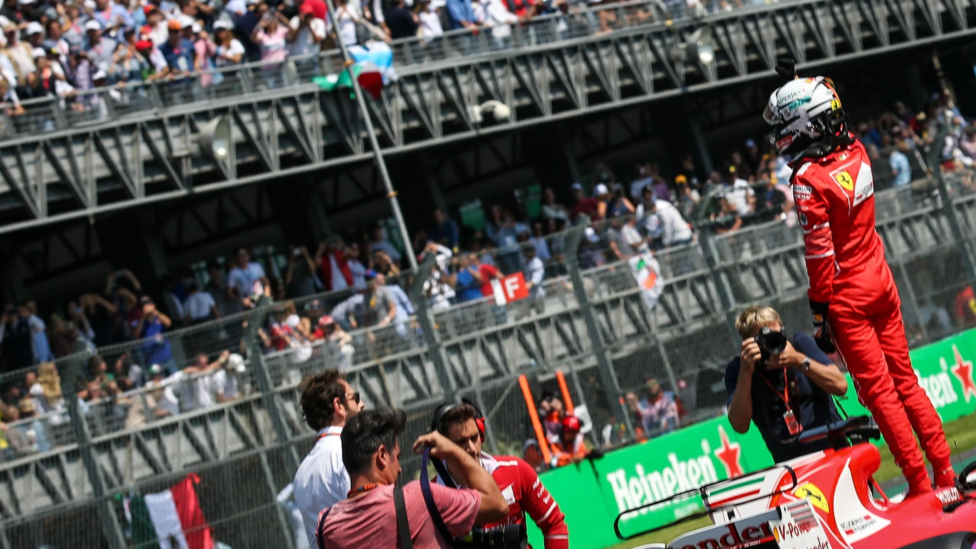 Pole sitter Sebastian Vettel (GER) Ferrari SF70-H celebrates in parc ferme at Formula One World