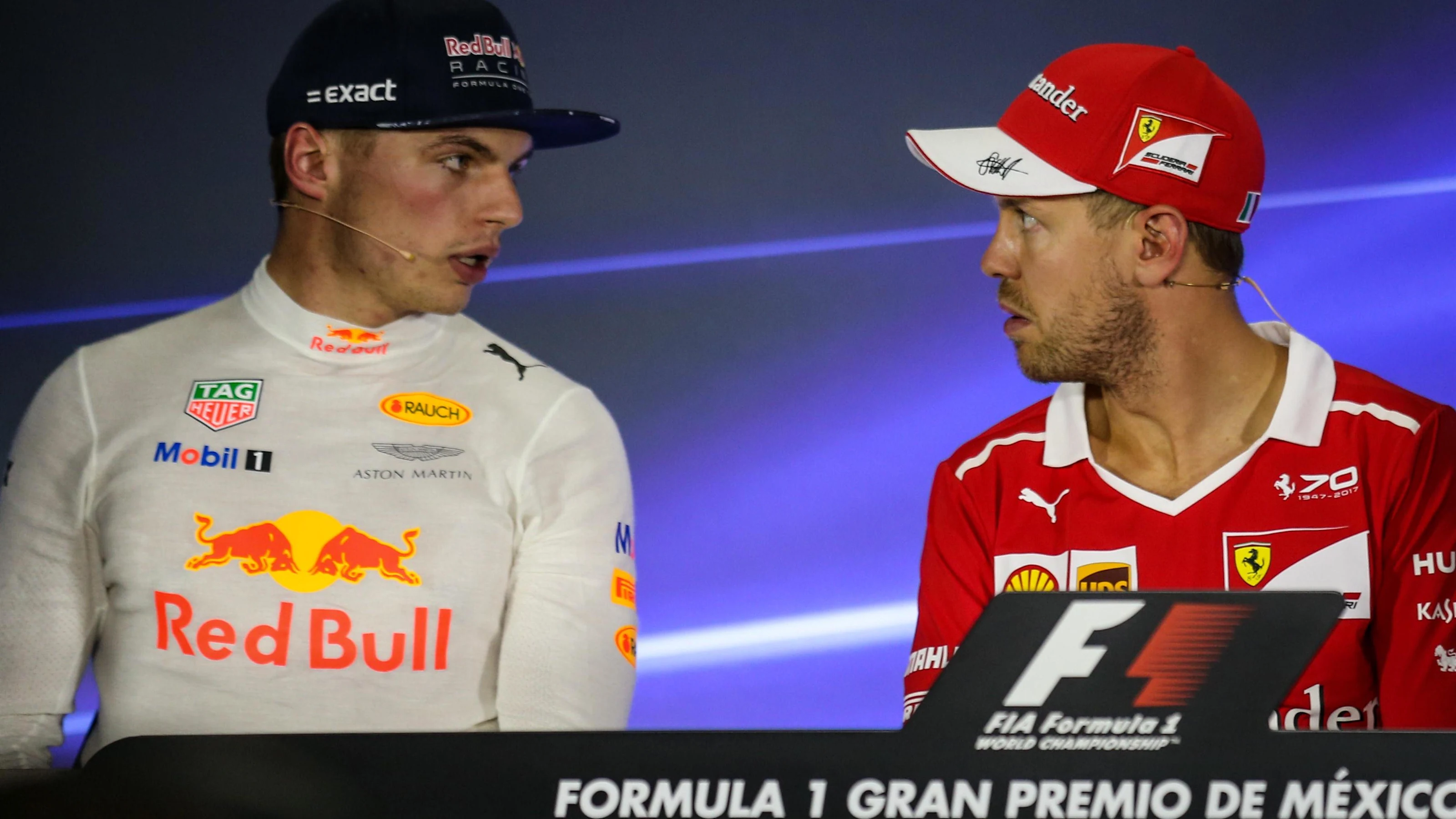 Max Verstappen (NED) Red Bull Racing and Sebastian Vettel (GER) Ferrari in the Press Conference at