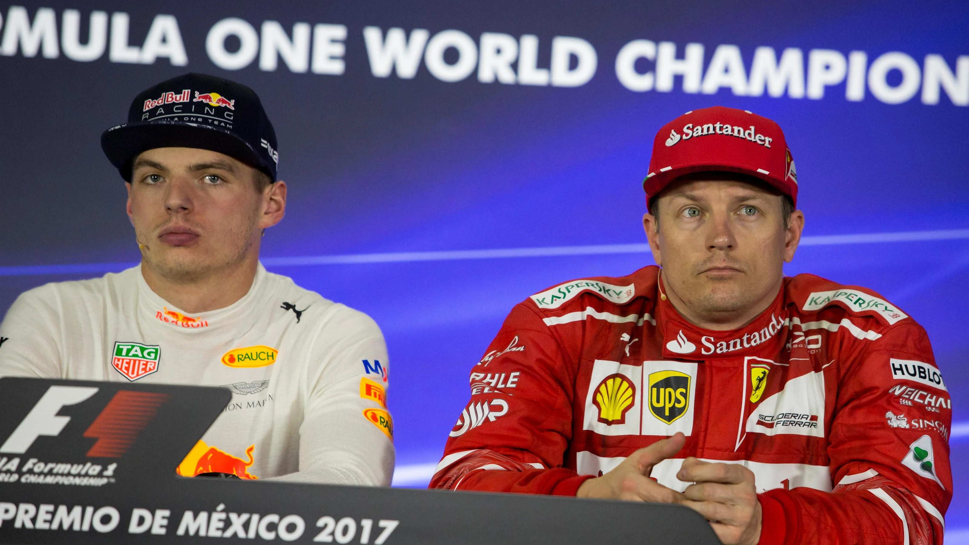 Max Verstappen (NED) Red Bull Racing and Kimi Raikkonen (FIN) Ferrari in the Press Conference at