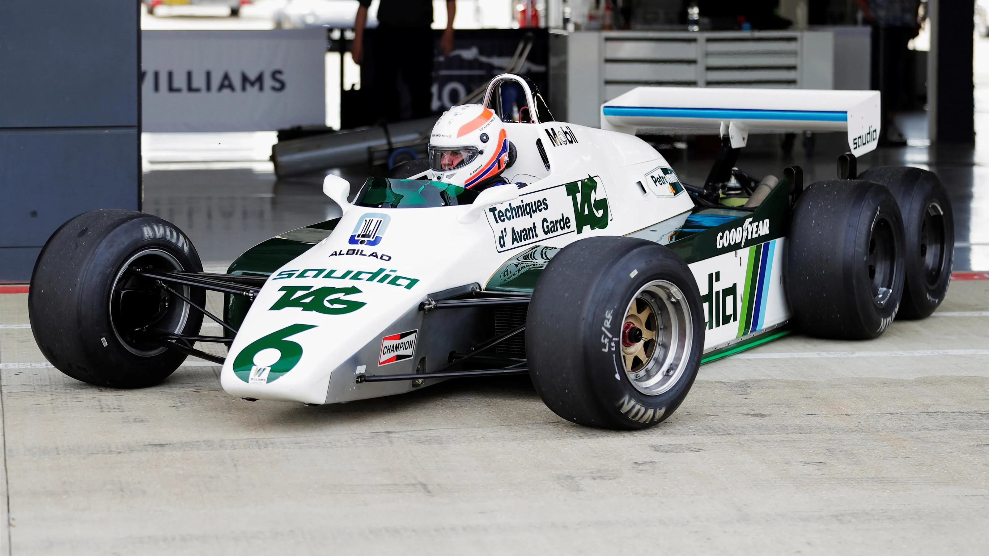 Martin Brundle (GBR) and six-wheeled Williams Ford FW08B at Williams British Grand Prix Preview