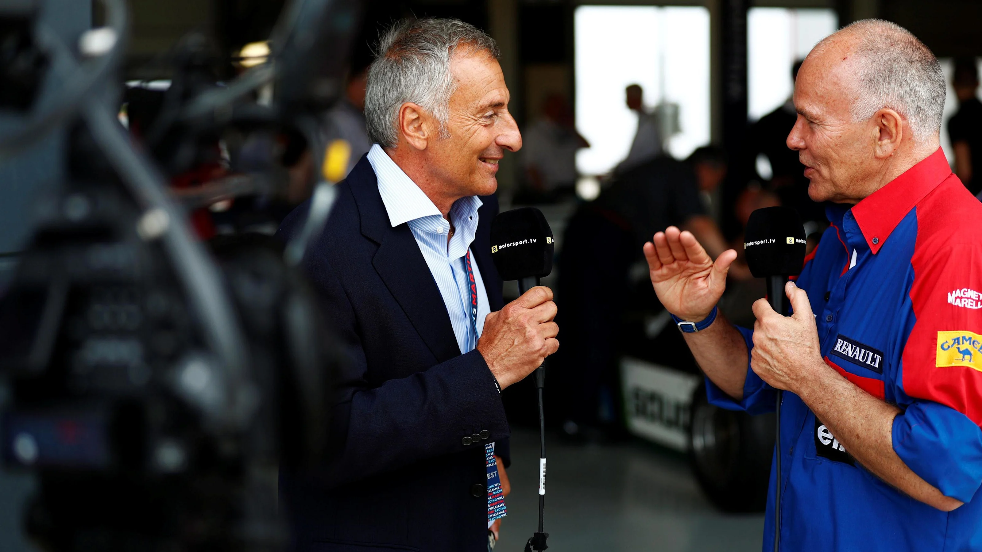 Riccardo Patrese (ITA) with Peter Windsor (GBR) at Williams British Grand Prix Preview Day,