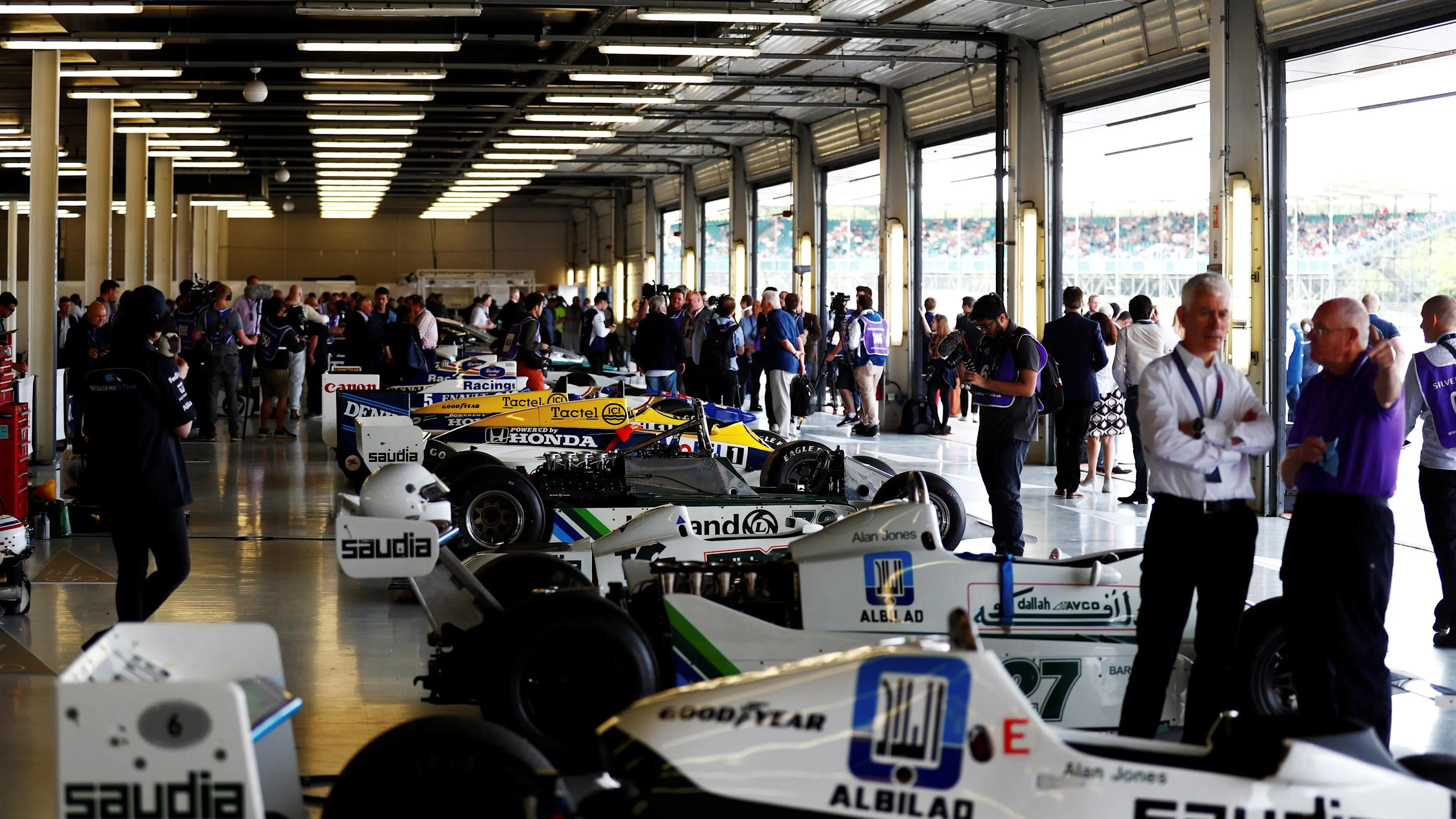 A line-up f Williams F1 cars in the garage at Williams British Grand Prix Preview Day, Silverstone,