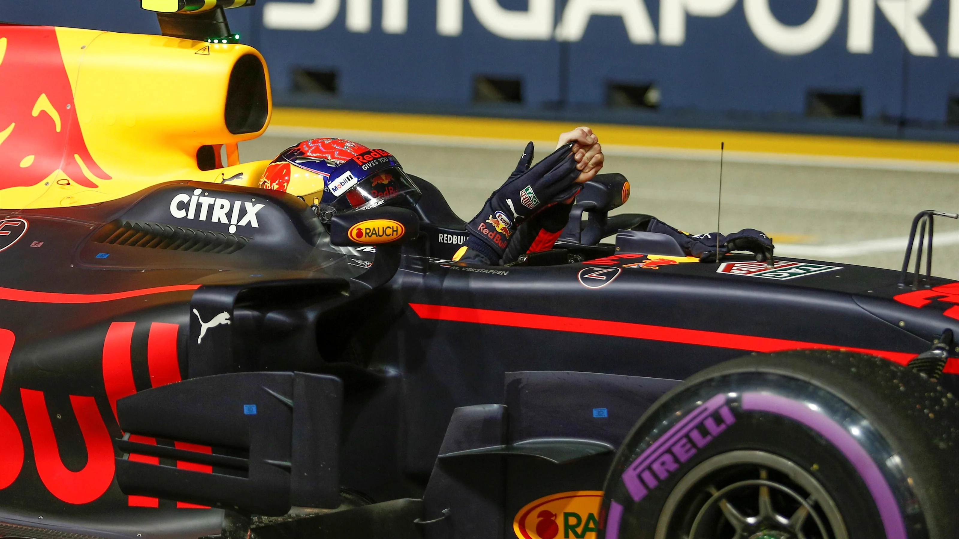 Max Verstappen (NED) Red Bull Racing arrives to celebrate in parc ferme at Formula One World