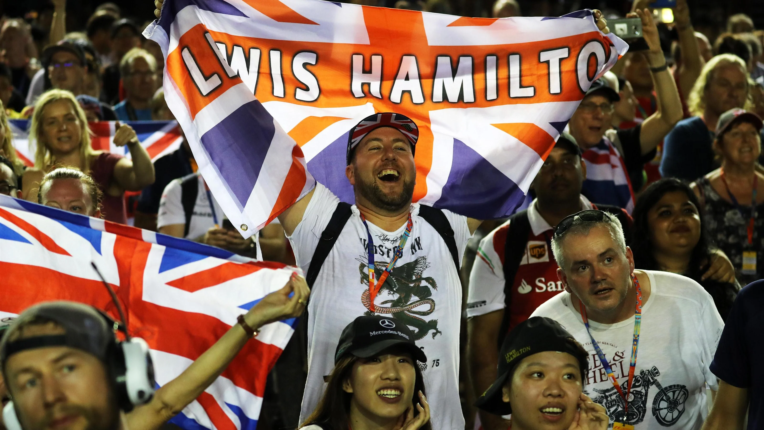 Lewis Hamilton (GBR) Mercedes AMG F1 fans celebrate at Formula One World Championship, Rd14,