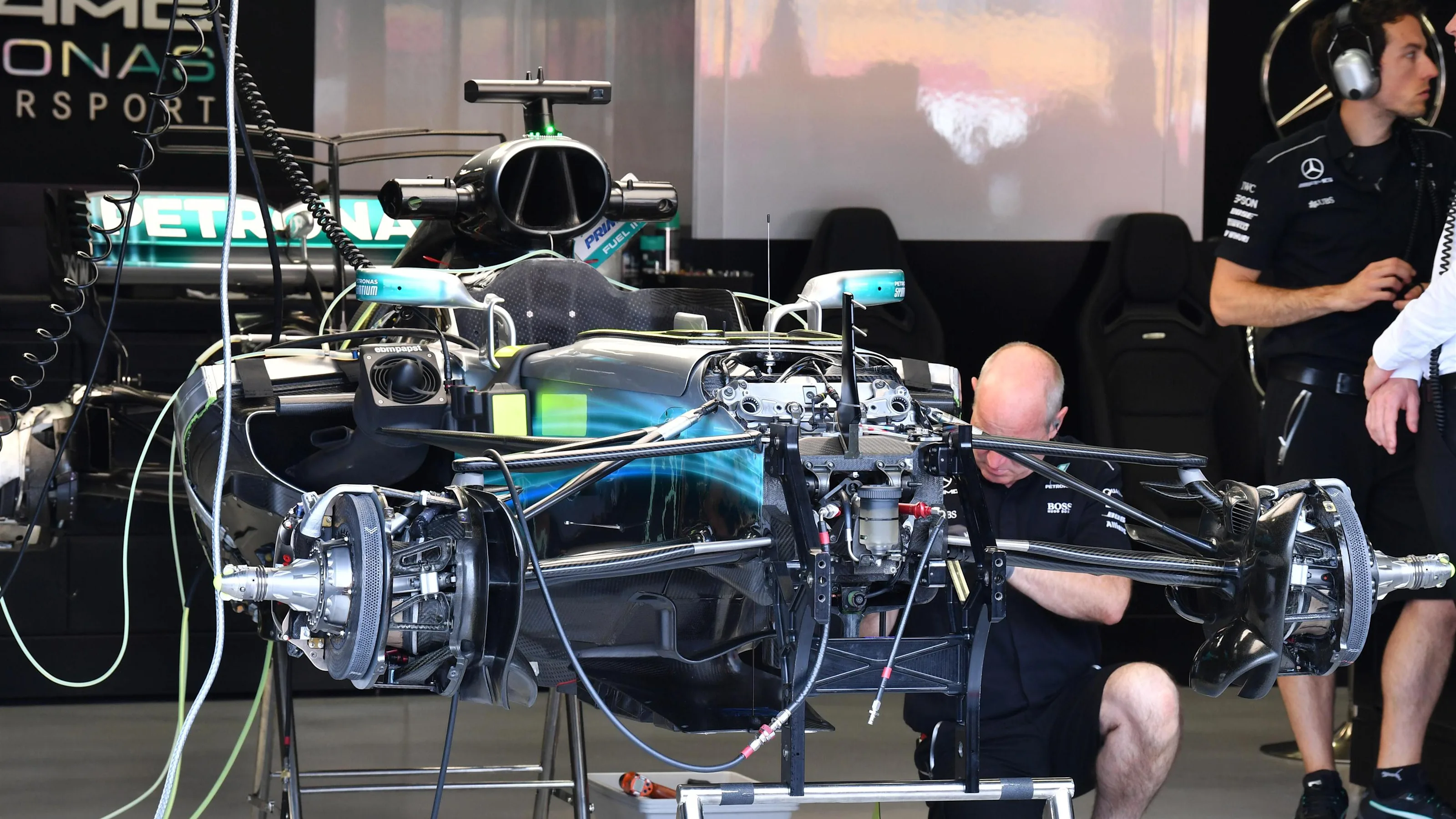 Mercedes-Benz F1 W08 Hybrid in the garage at Formula One World Championship, Rd14, Singapore Grand