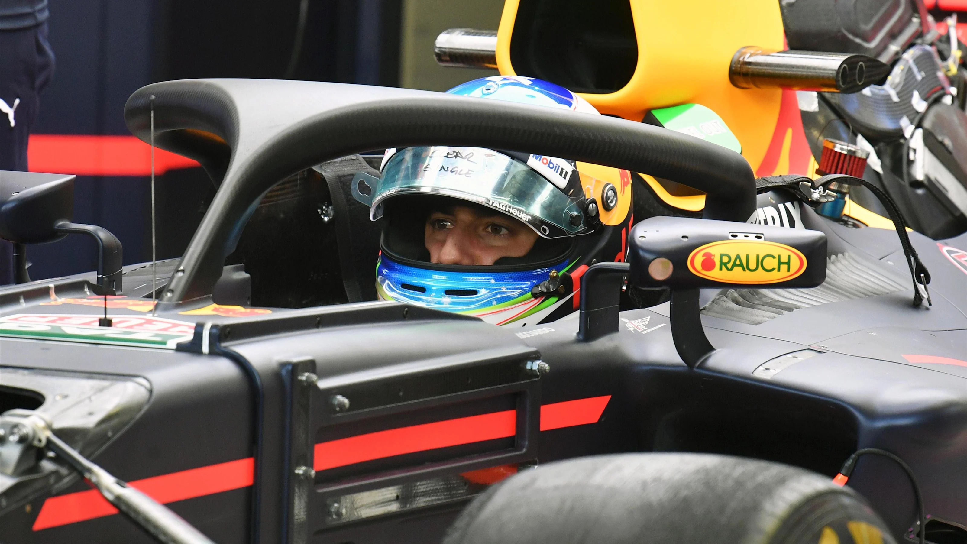 Daniel Ricciardo (AUS) Red Bull Racing RB13 and halo at Formula One World Championship, Rd14,