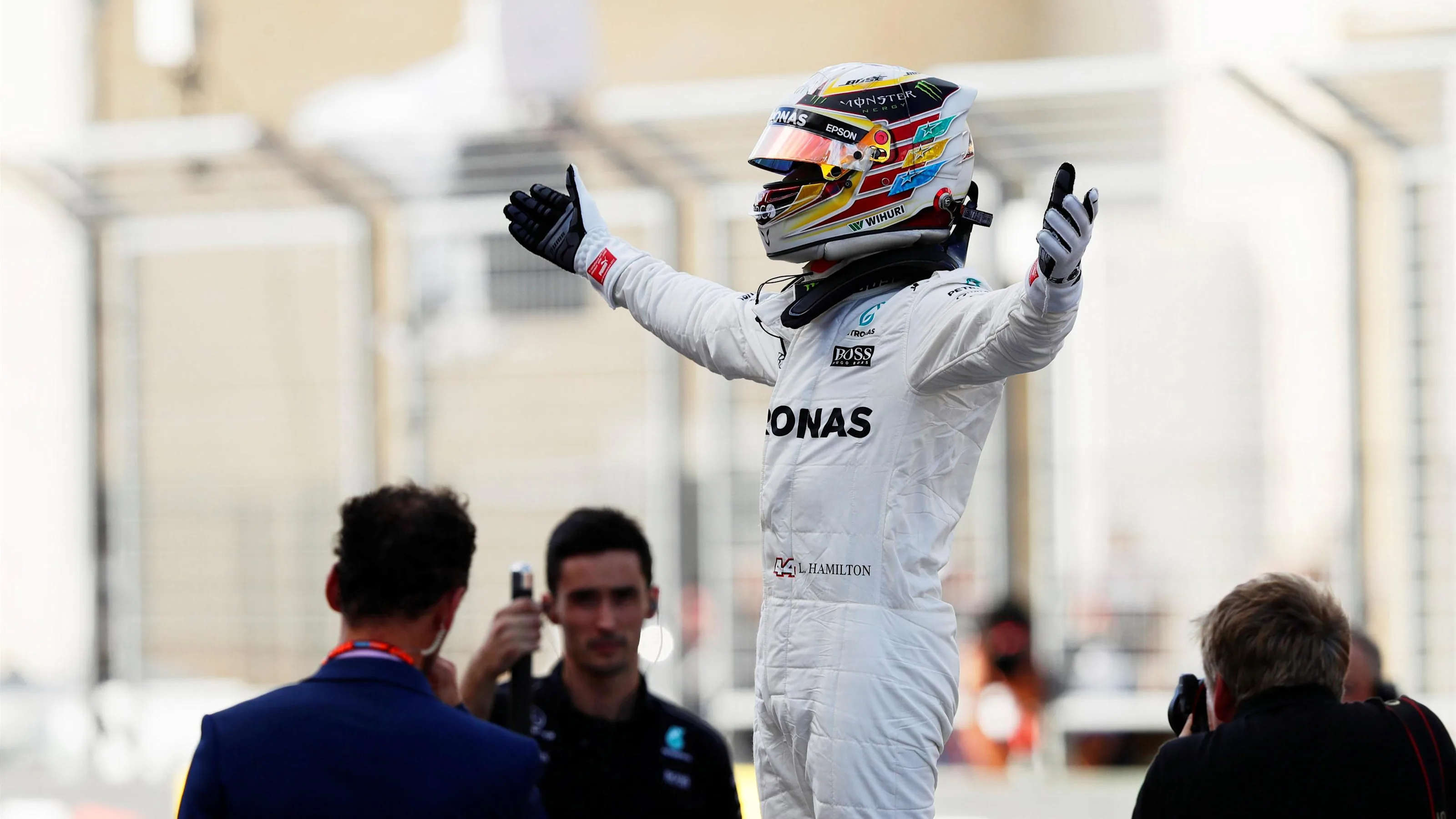 Pole sitter Lewis Hamilton (GBR) Mercedes AMG F1 Celebrates in parc ferme at Formula One World