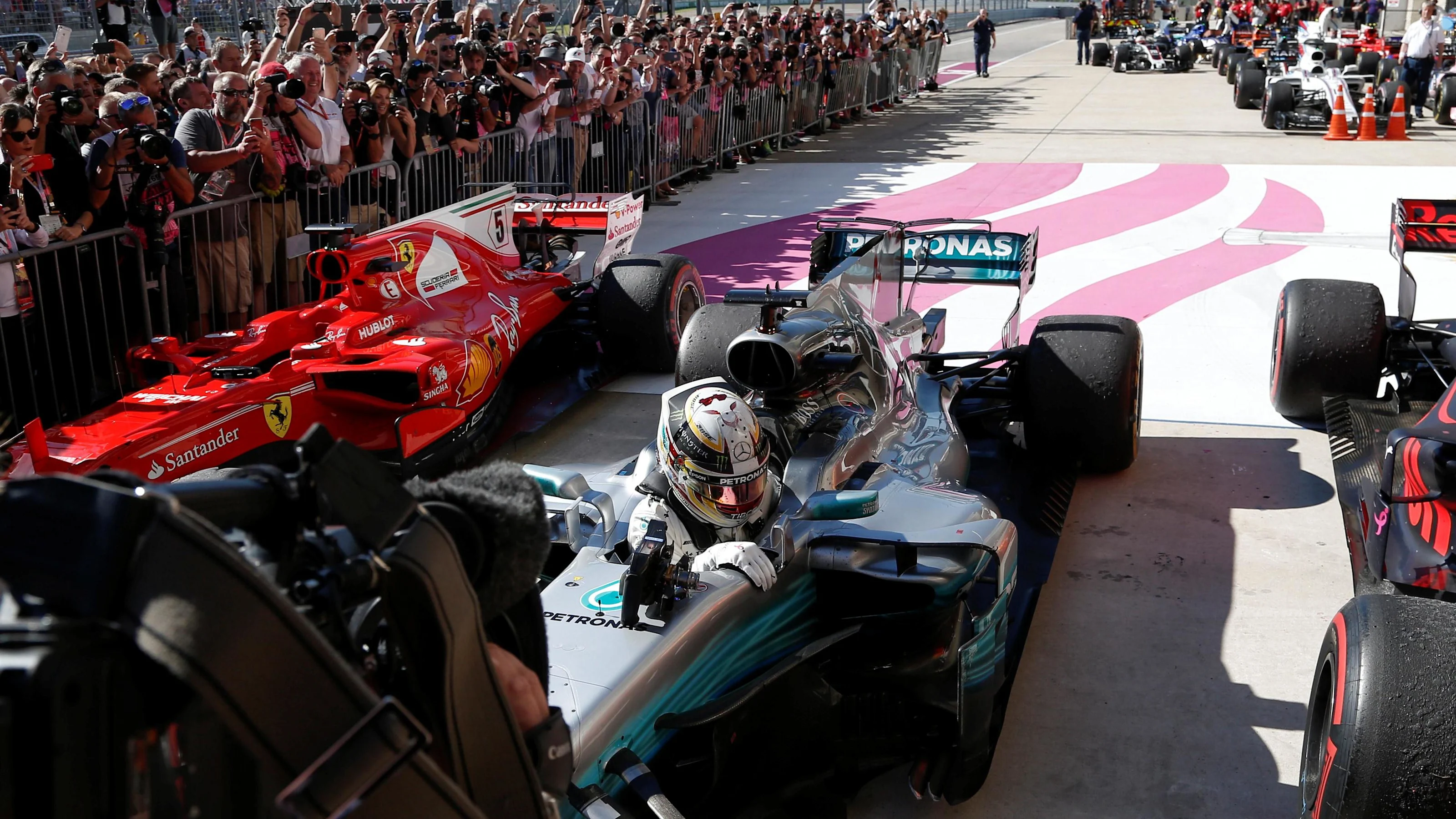 Race winner Lewis Hamilton (GBR) Mercedes AMG F1 arrives and celebrates in parc ferme at Formula