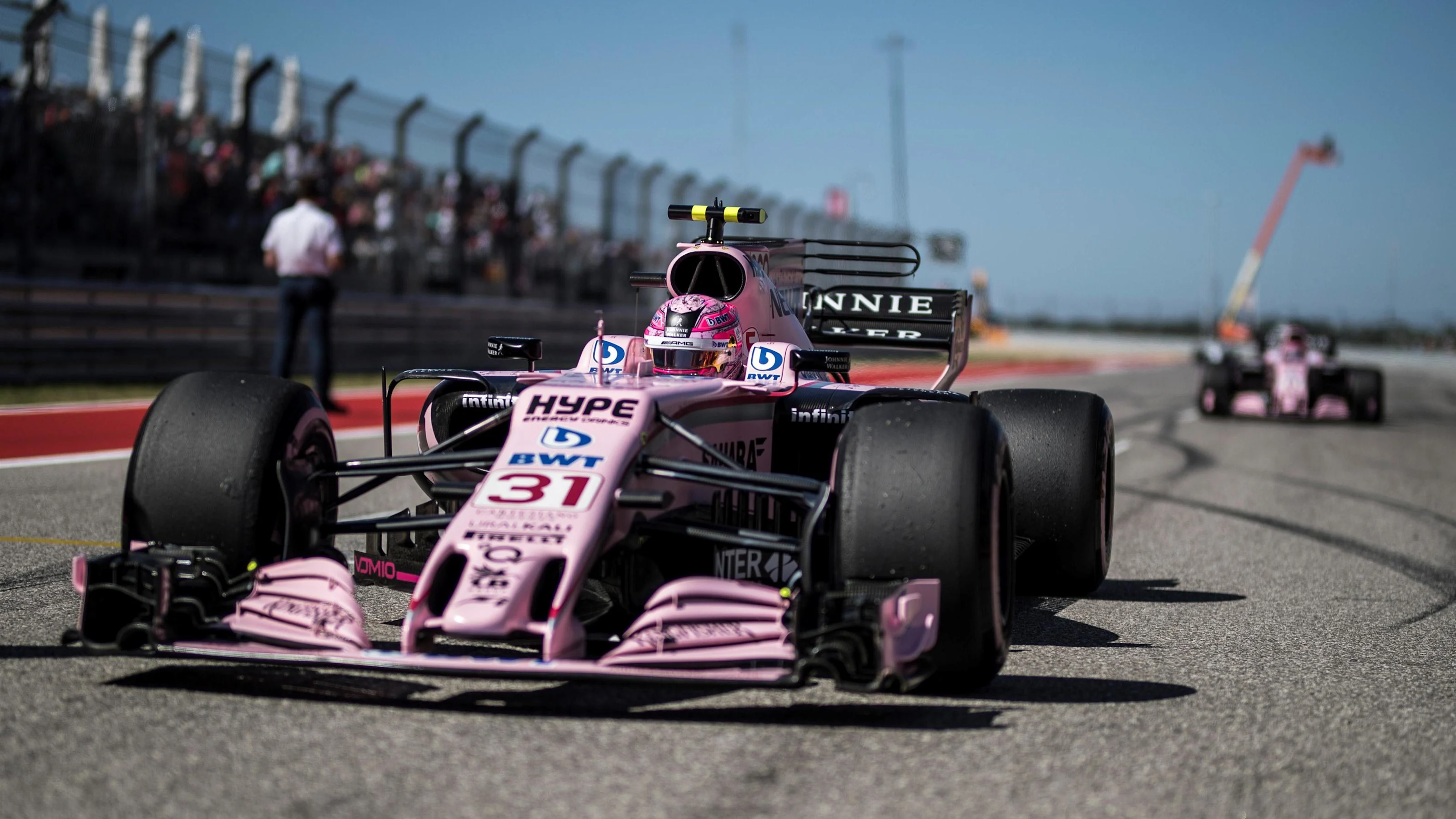 Esteban Ocon (FRA) Force India VJM10 in the garage at Formula One World Championship, Rd17, United