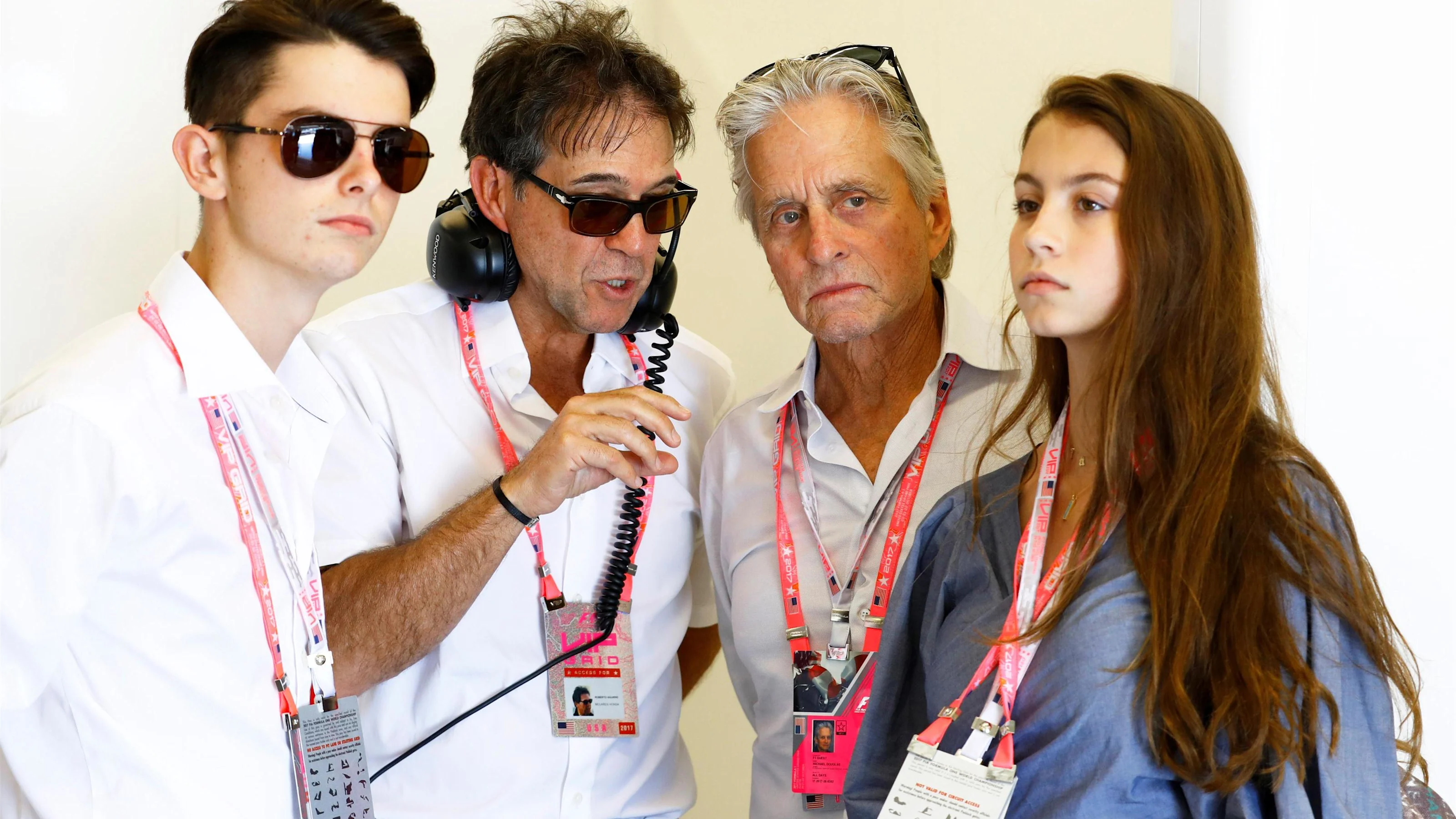 Michael Douglas (USA) in the McLaren garage at Formula One World Championship, Rd17, United States