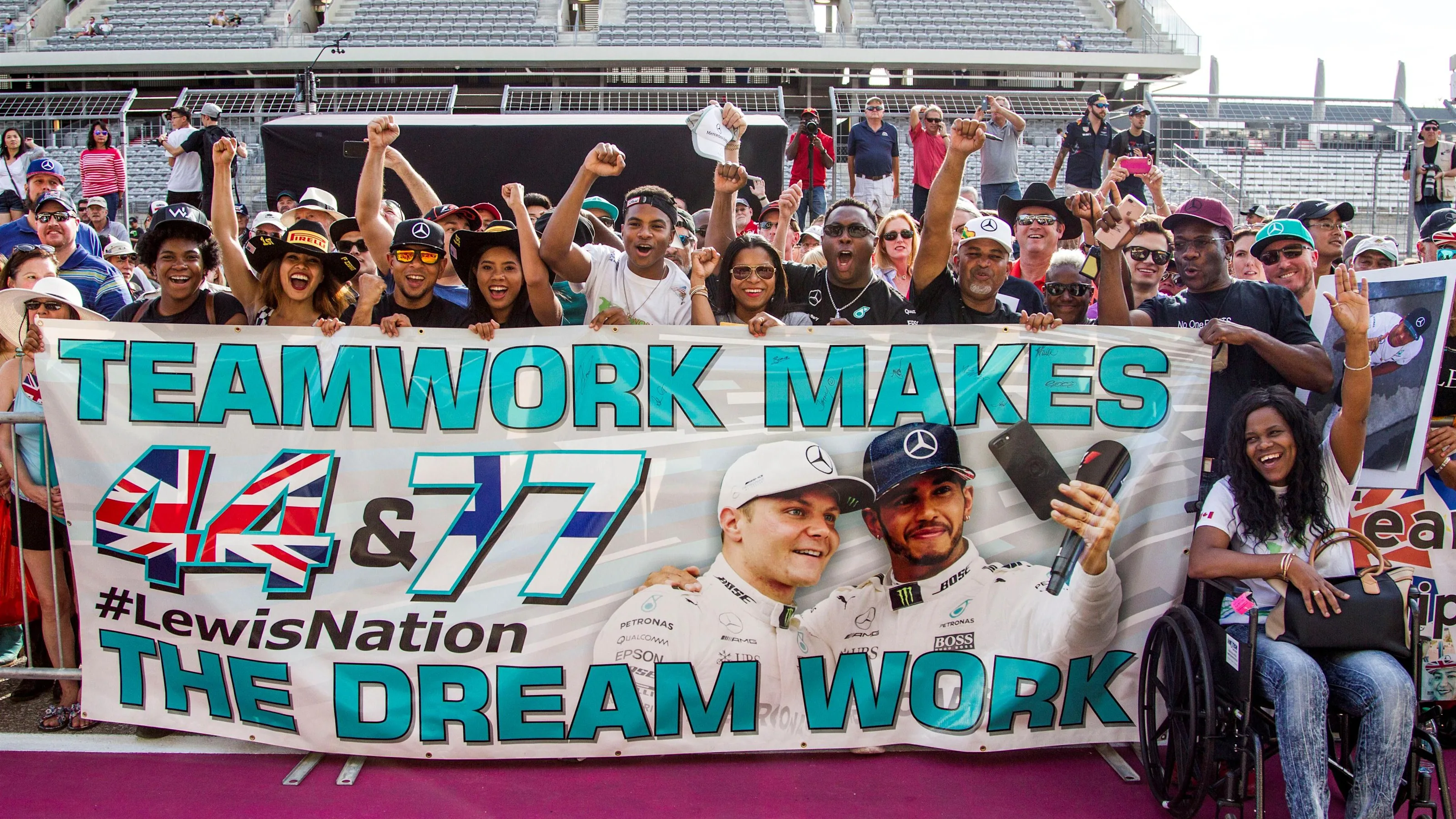 Mercedes AMG F1 fans and banners at Formula One World Championship, Rd17, United States Grand Prix,