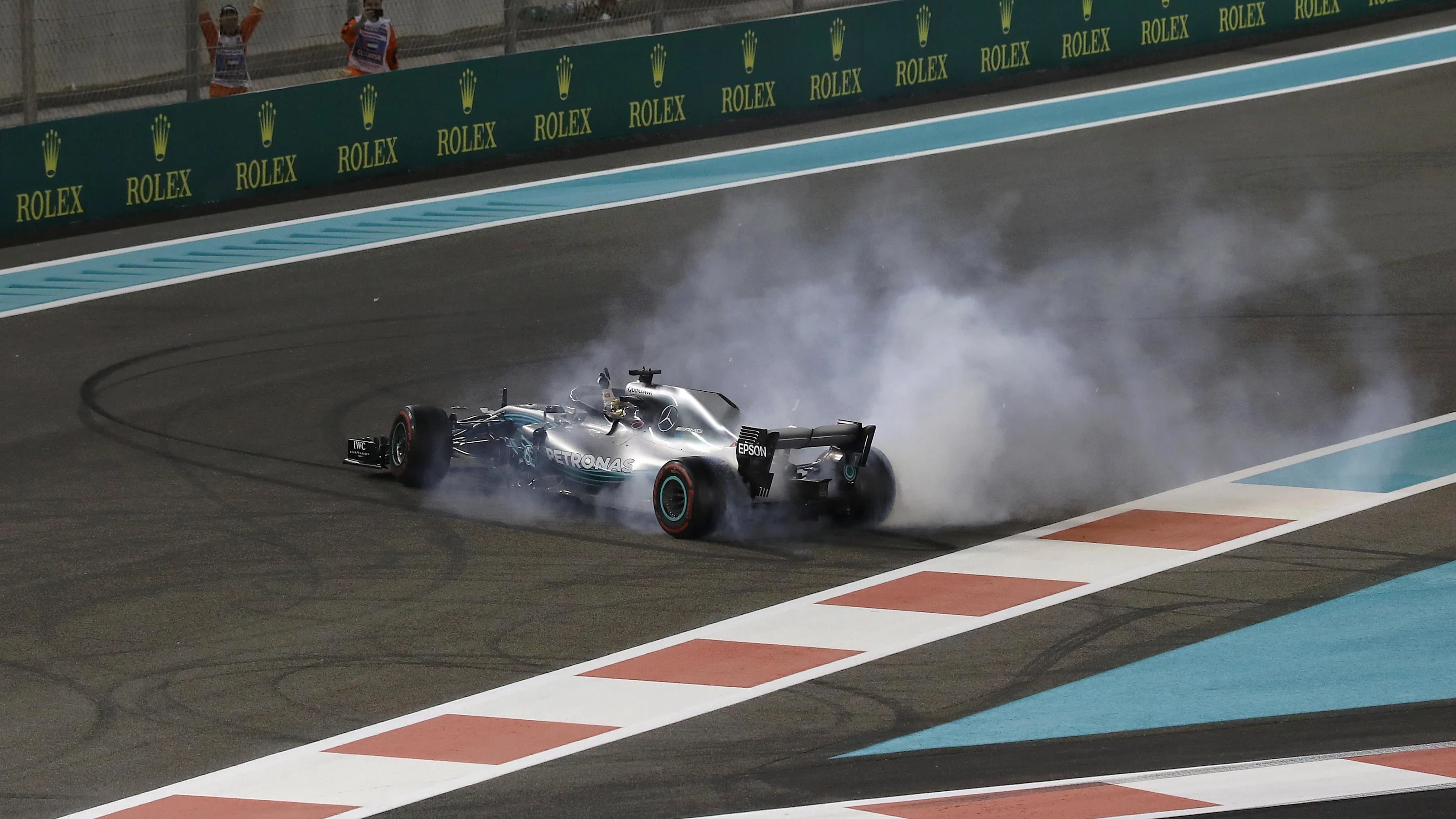Lewis Hamilton, Mercedes-AMG F1 W09 EQ Power+ celebrates with donuts at Formula One World