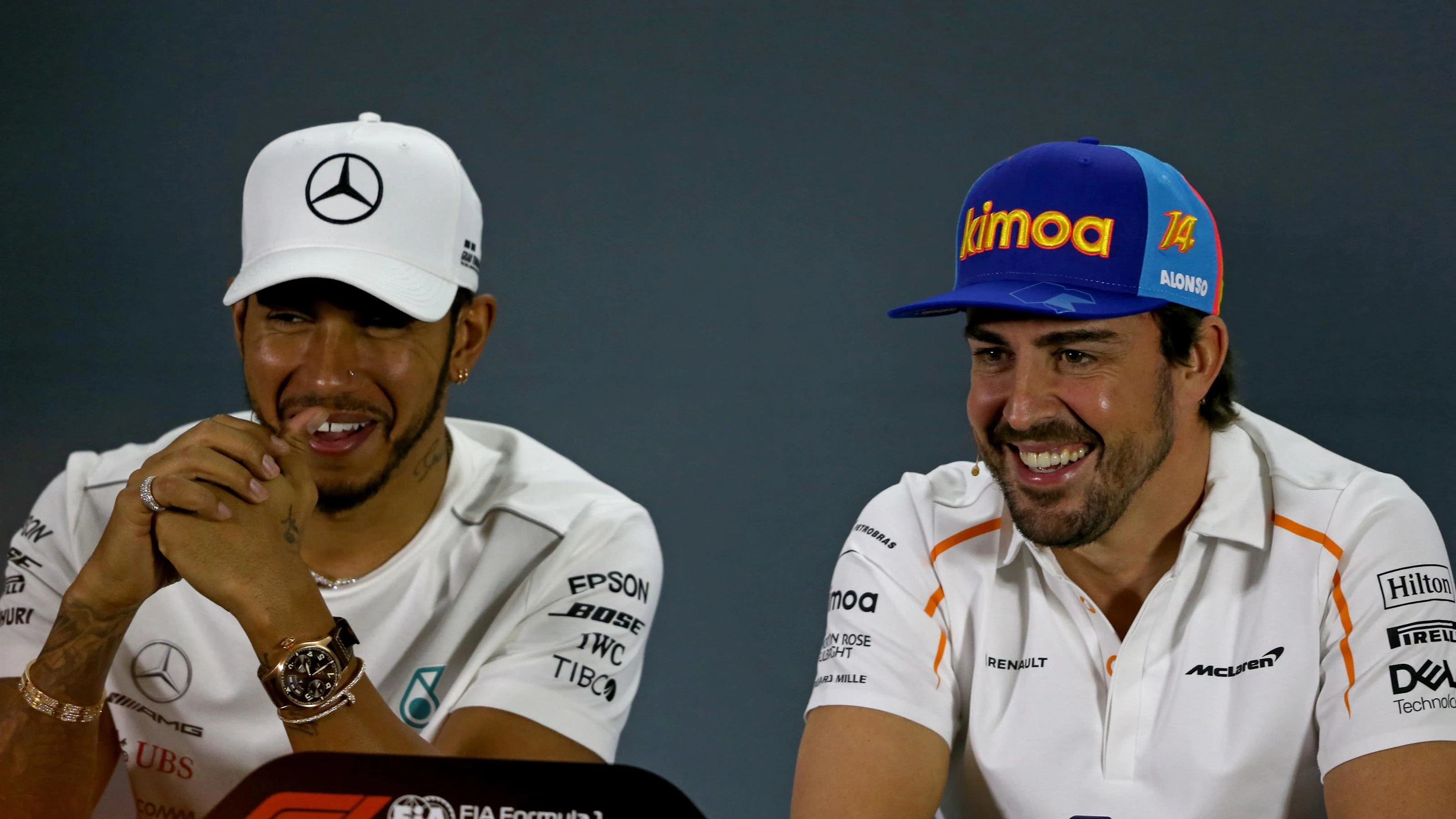 Lewis Hamilton, Mercedes AMG F1 and Fernando Alonso, McLaren in the press conference at Formula One