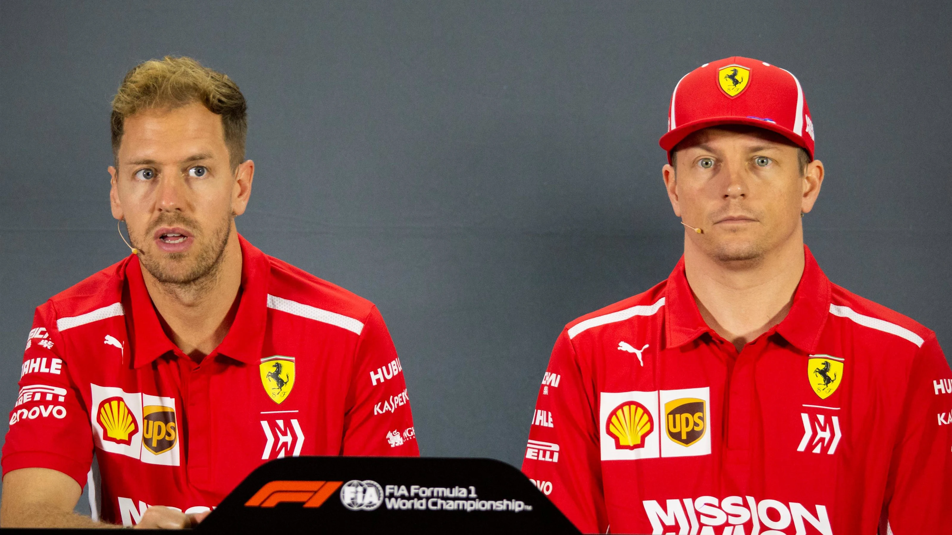 Sebastian Vettel, Ferrari and Kimi Raikkonen, Ferrari in the press conference at Formula One World