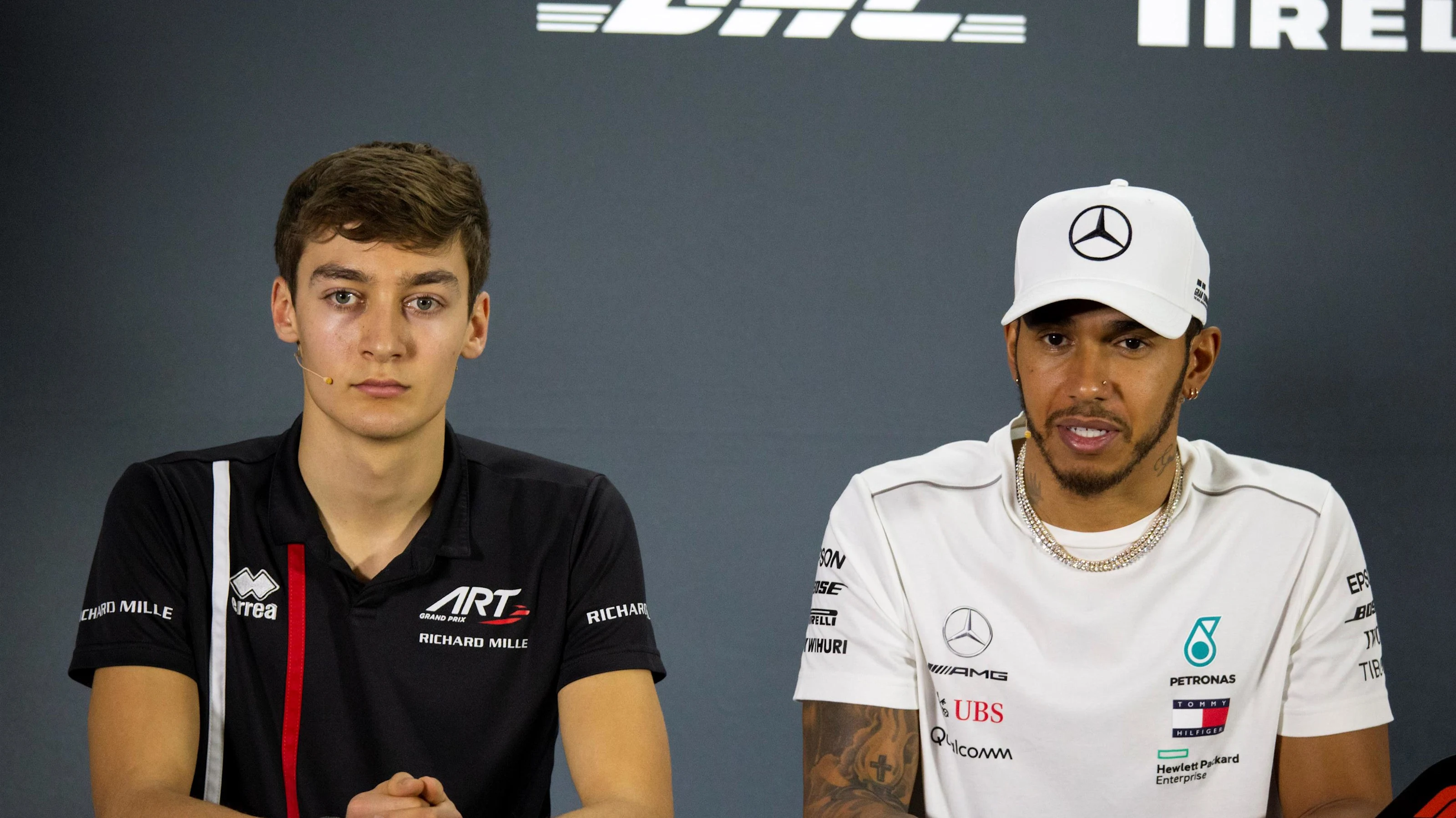 Esteban Ocon, Racing Point Force India and Lewis Hamilton, Mercedes AMG F1 in the press conference