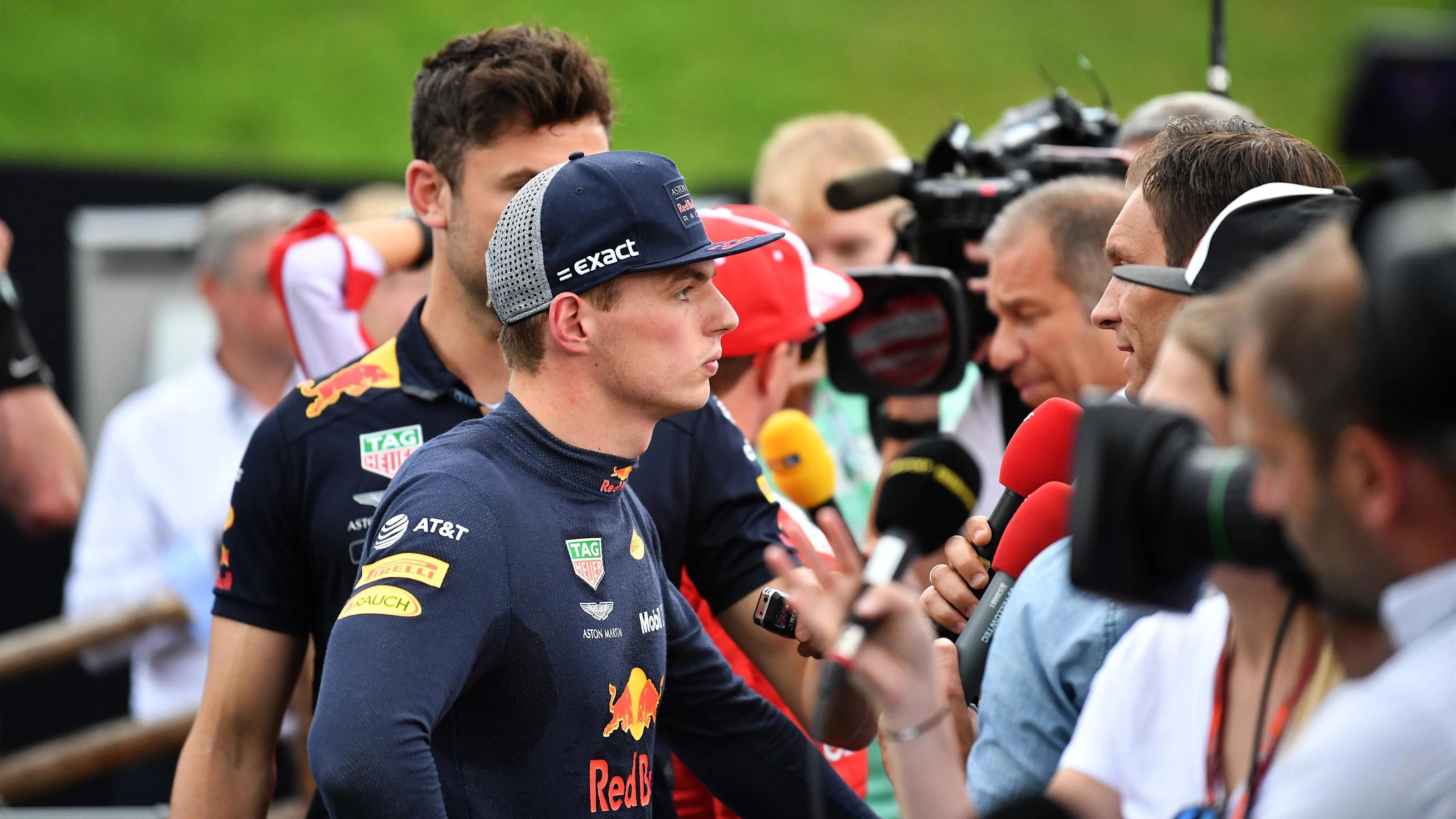 Max Verstappen (NED) Red Bull Racing talks with the media at Formula One World Championship, Rd9,