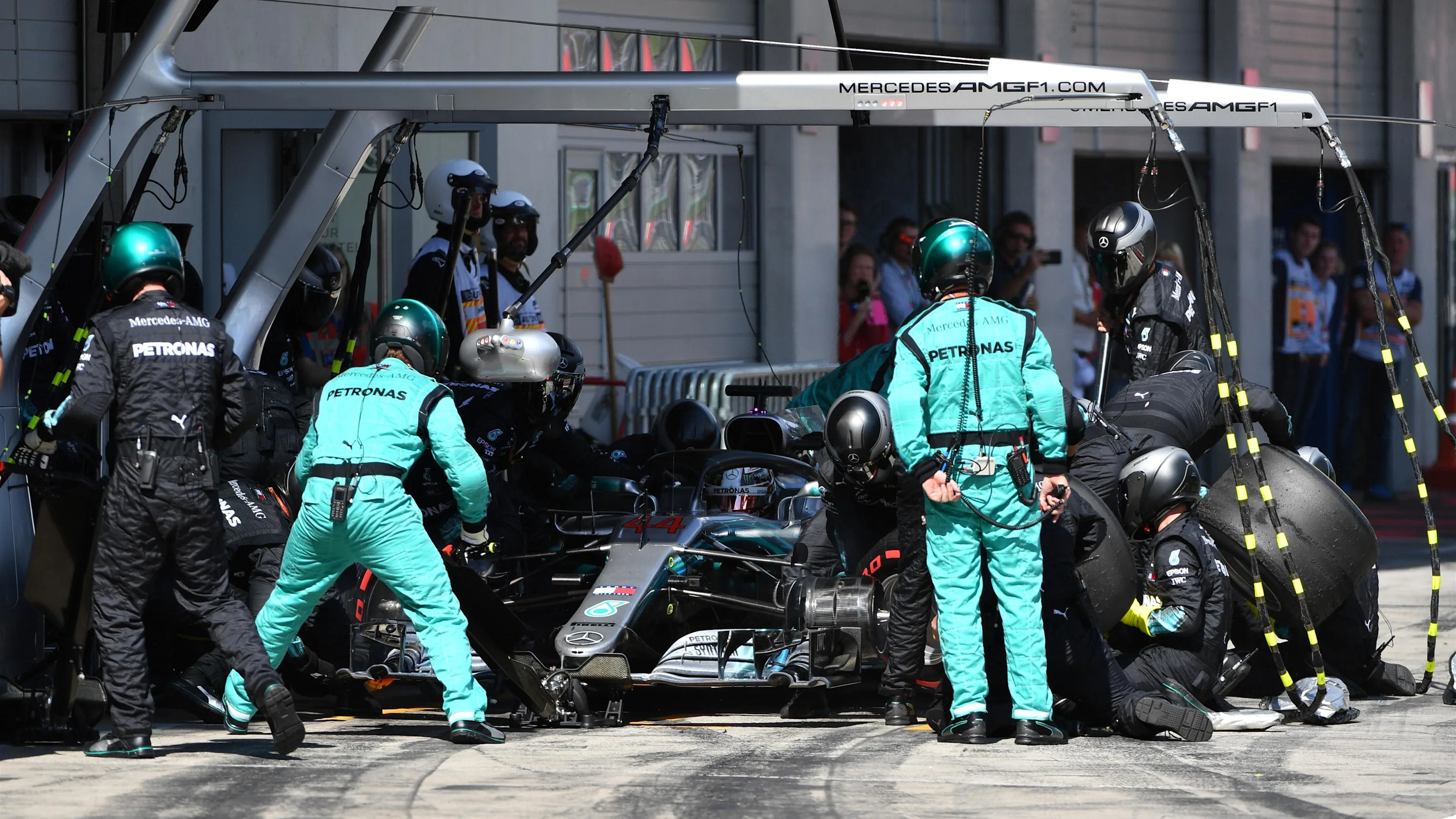 Lewis Hamilton (GBR) Mercedes-AMG F1 W09 EQ Power+ pit stop at Formula One World Championship, Rd9,
