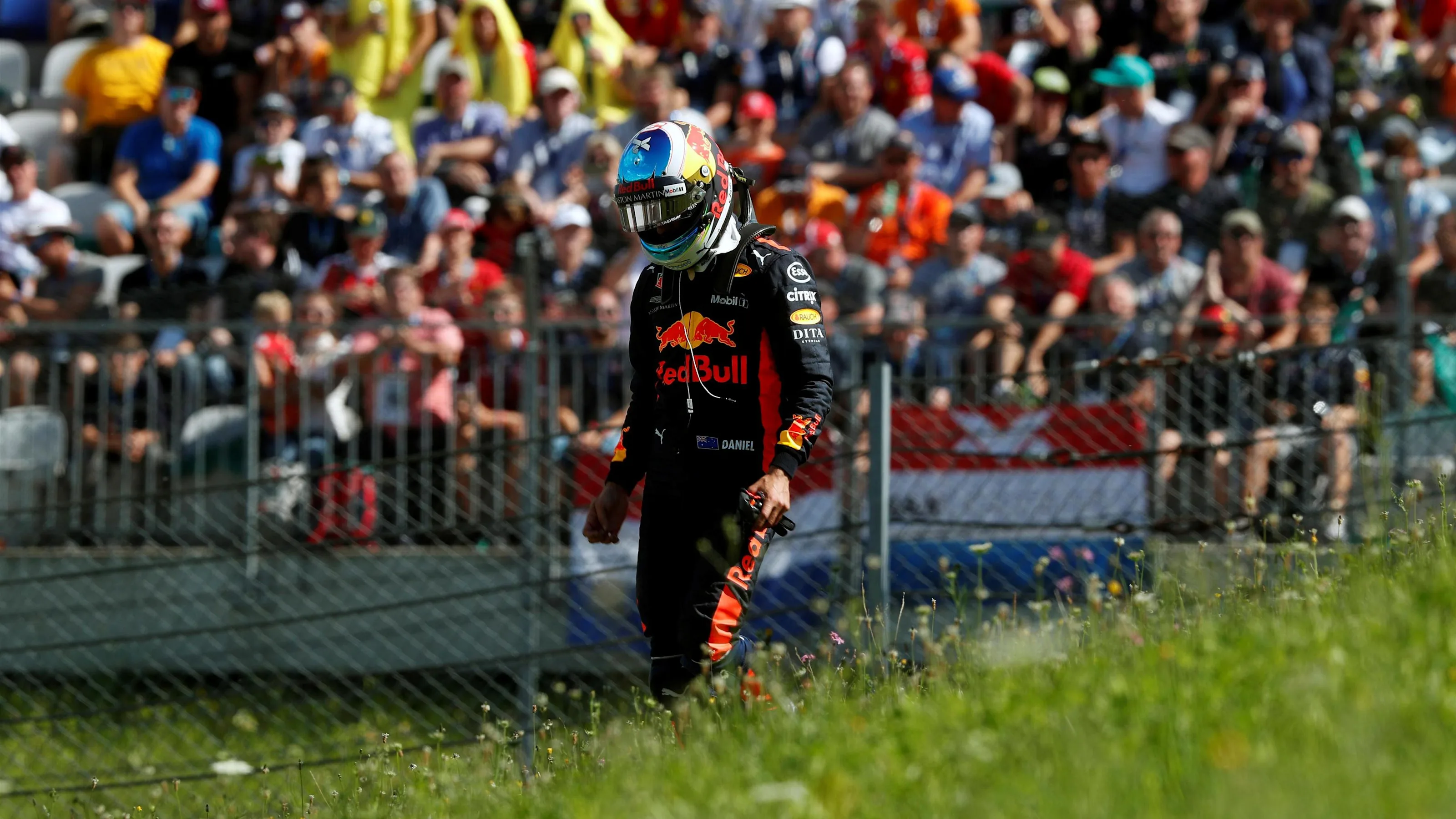 Race retiree Daniel Ricciardo (AUS) Red Bull Racing walks in at Formula One World Championship,