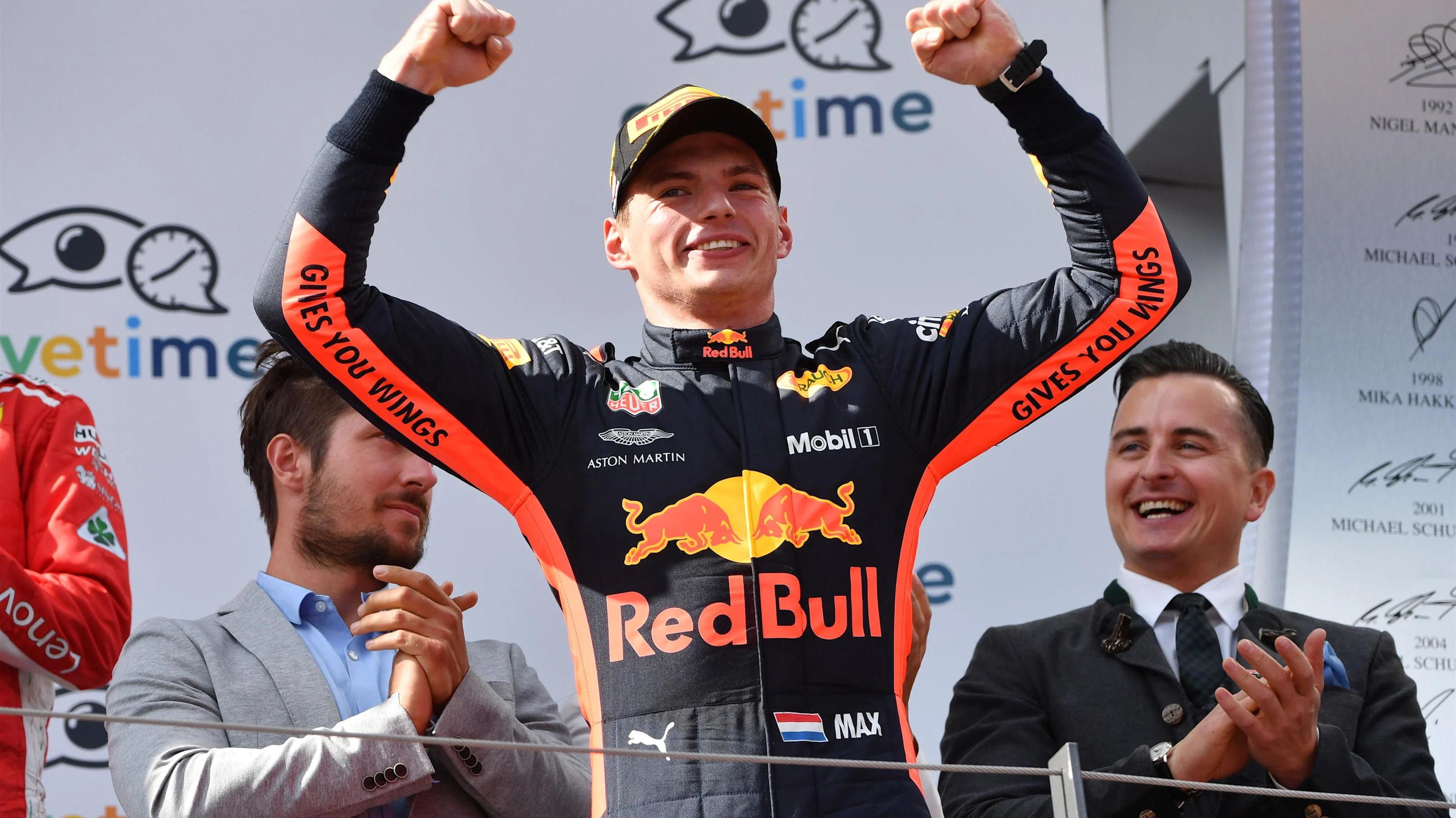 Race winner Max Verstappen (NED) Red Bull Racing celebrates on the podium at Formula One World