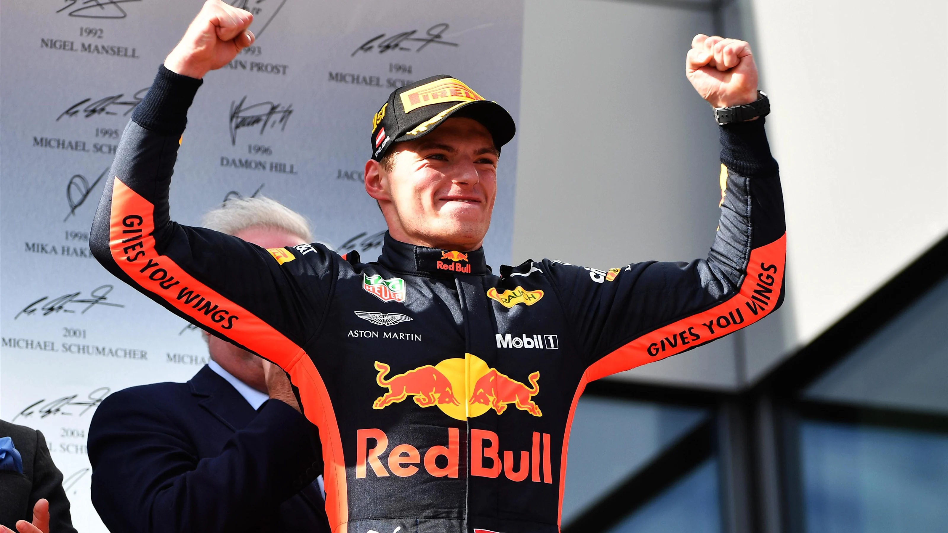 Race winner Max Verstappen (NED) Red Bull Racing celebrates on the podium at Formula One World