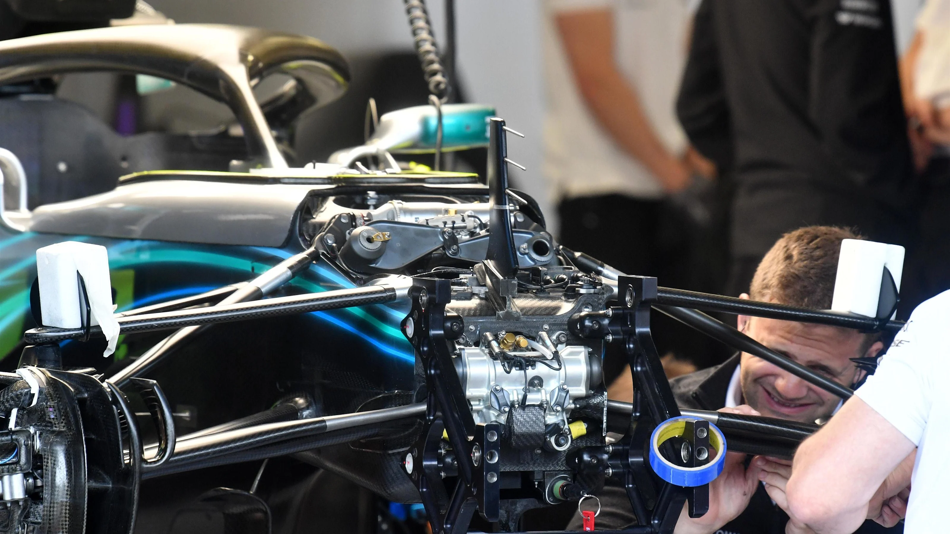 Mercedes-AMG F1 W09 EQ Power+ front suspension detail at Formula One World Championship, Rd9,