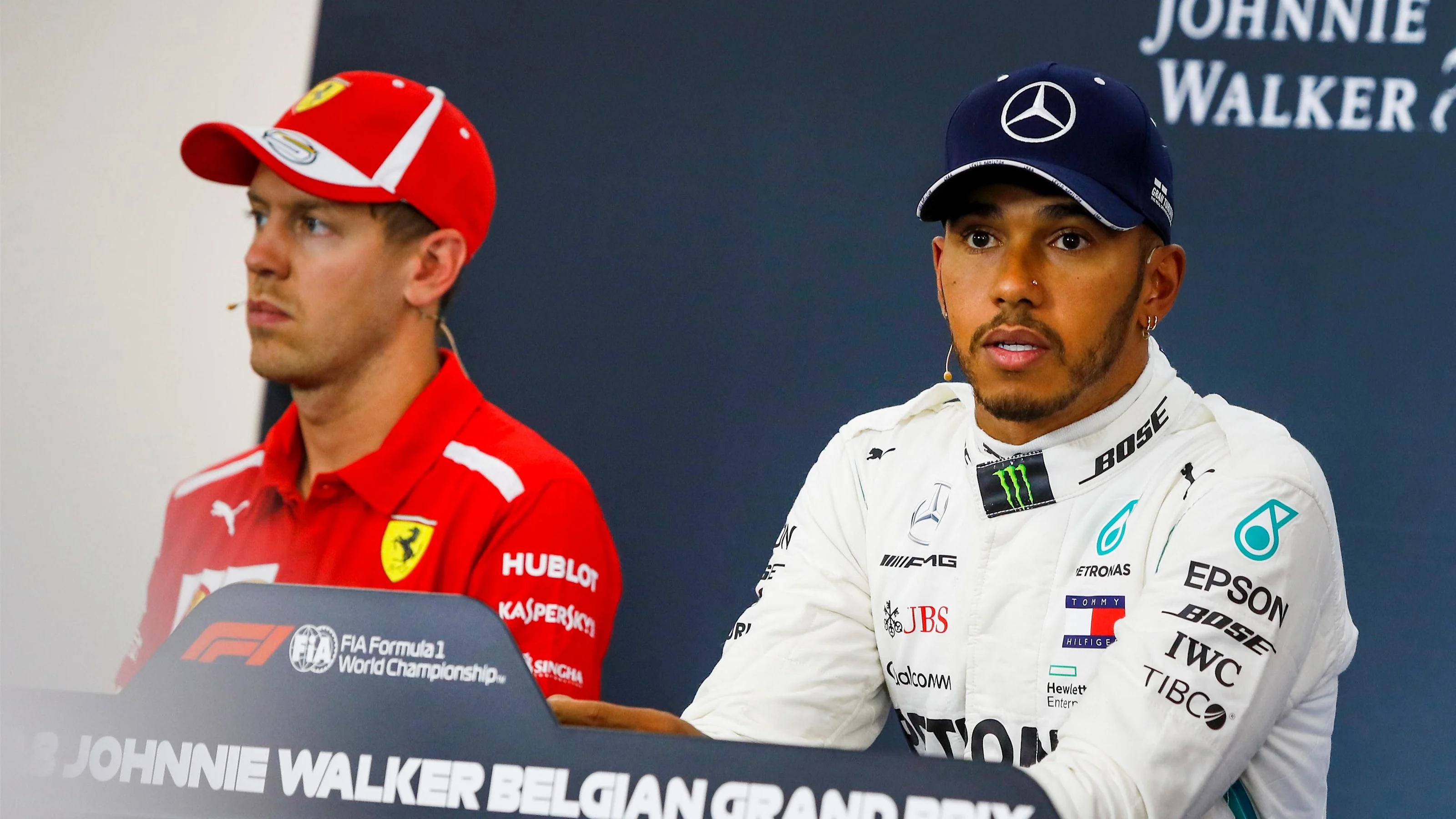 Lewis Hamilton, Mercedes AMG F1 and Sebastian Vettel, Ferrari in press conference at Formula One